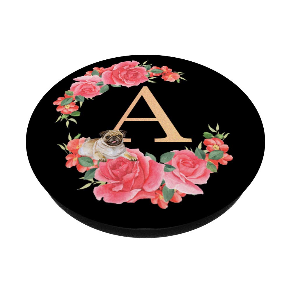 Pug Monogram A Initial Letter - Rose Pink Floral Dog Lover Gift - Personalized Pet Accessories for Home Decor, Gifts & Nursery Room