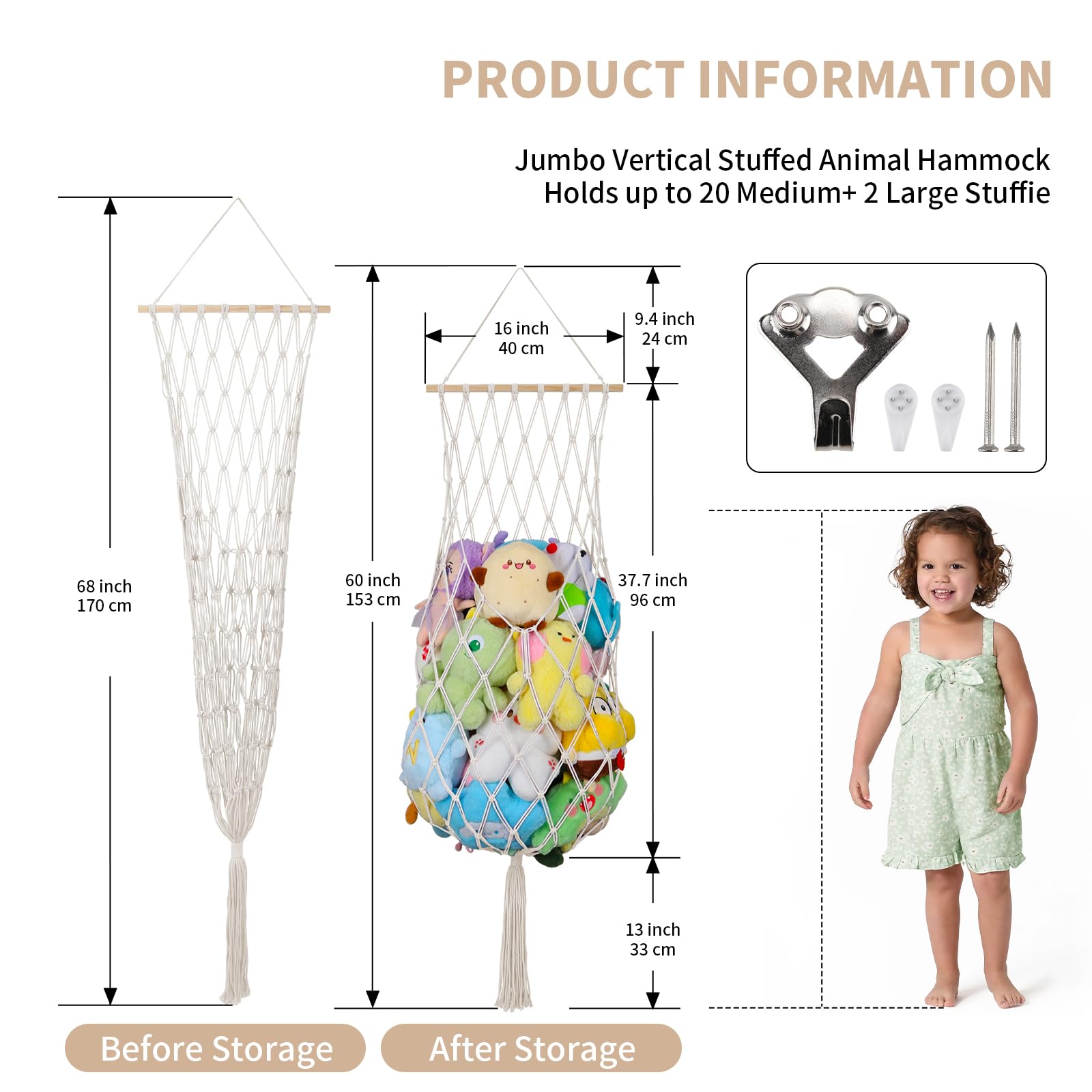 **68 Inch Jumbo Macrame Stuffed Animal Storage Net - Vertical Hanging Plushie Holder for Kids, Boys & Girls - Boho Nursery Decor (Cream) - Perfect for Bedroom, Playroom & Gift Giving**
