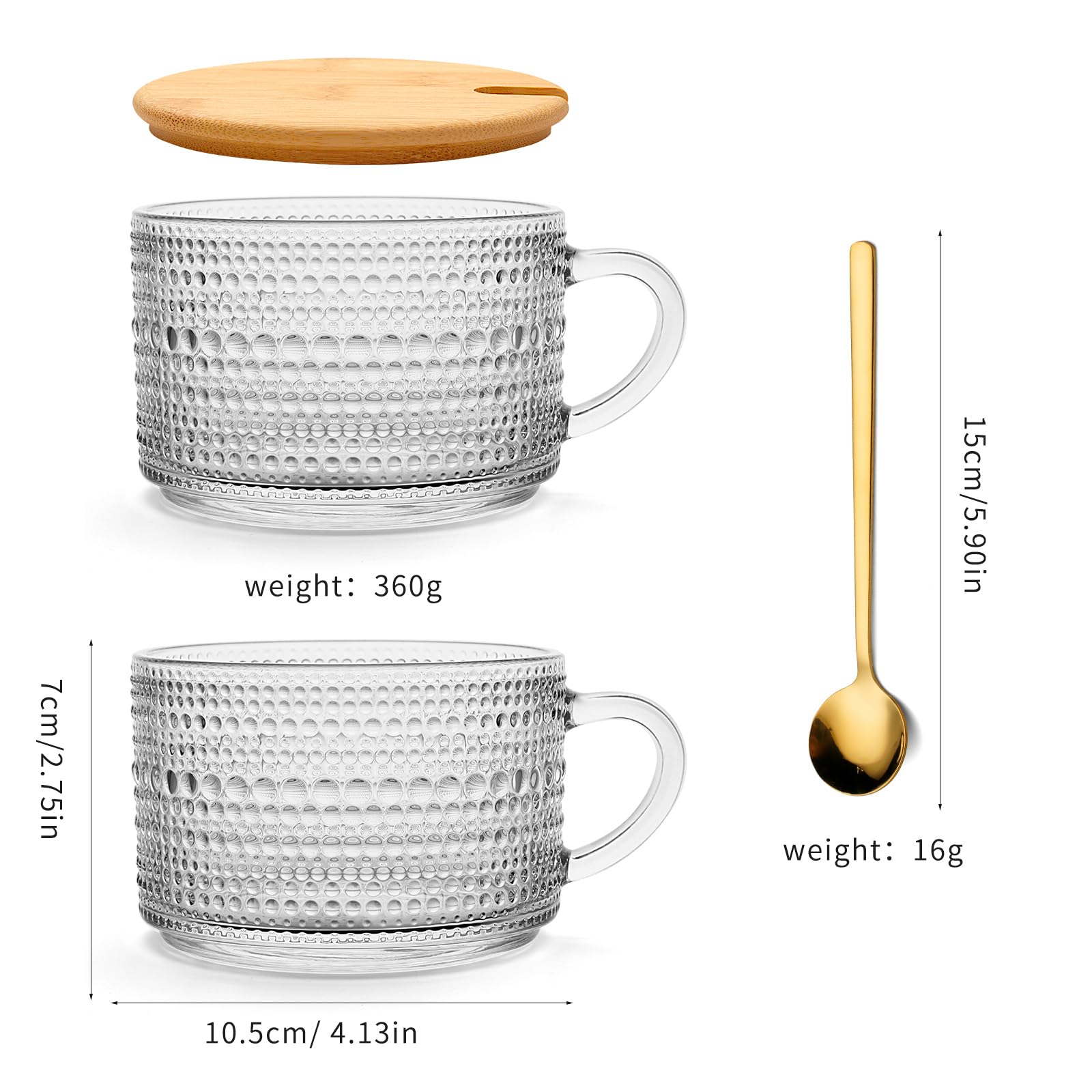 Vintage Glass Coffee Mugs Set of 4 - 14oz Clear Embossed Drinking Cups with Bamboo Lids & Spoons - Perfect for Overnight Oats, Tea, Iced Coffee - Ideal Gift for Women, Home & Office Use