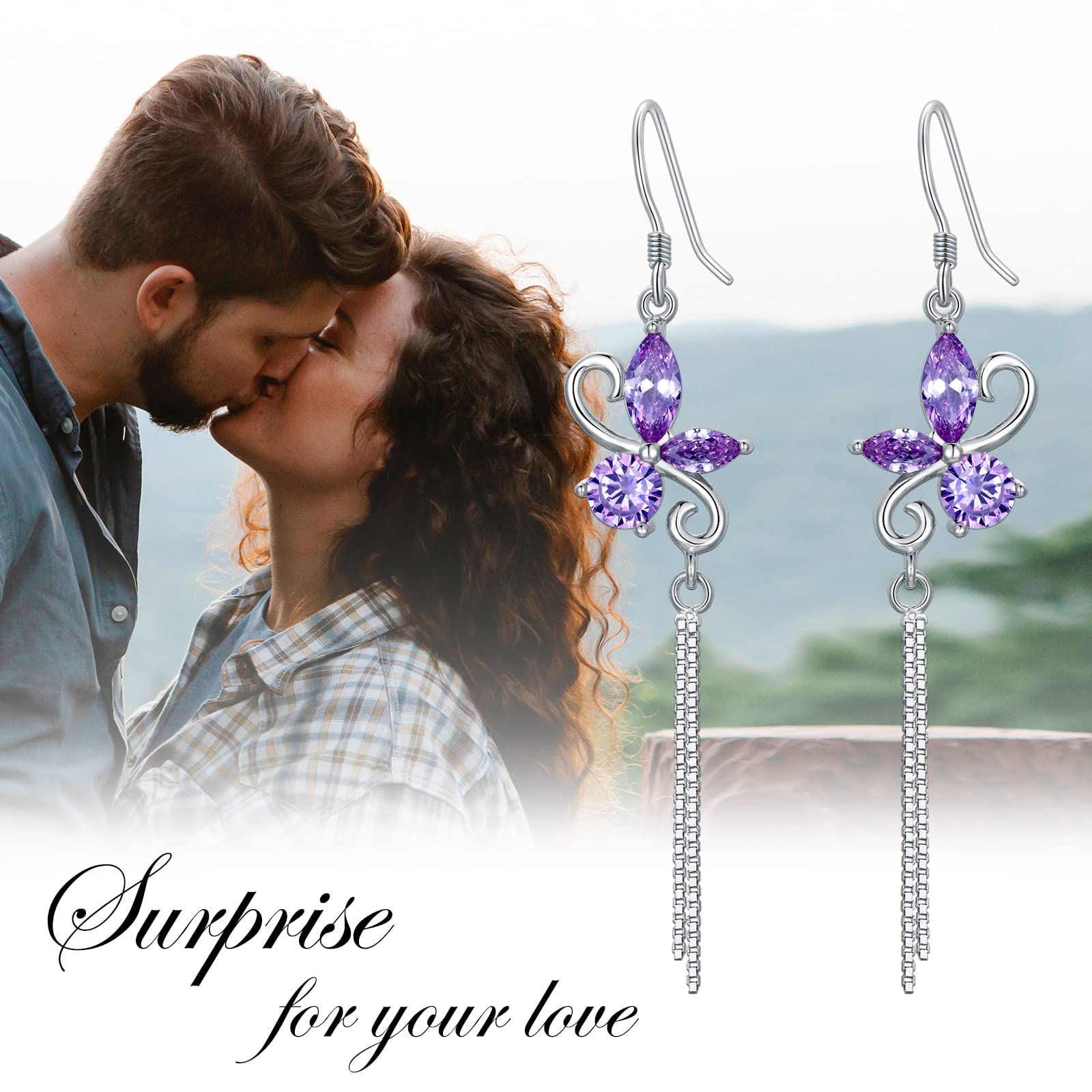 925 Sterling Silver Butterfly Dangle Drop Earrings with Birthstone - Elegant Jewelry Gift for Women, Wife, Girlfriend | Christmas, Birthday, Anniversary Present | Perfect for Parties, Weddings & Special Occasions