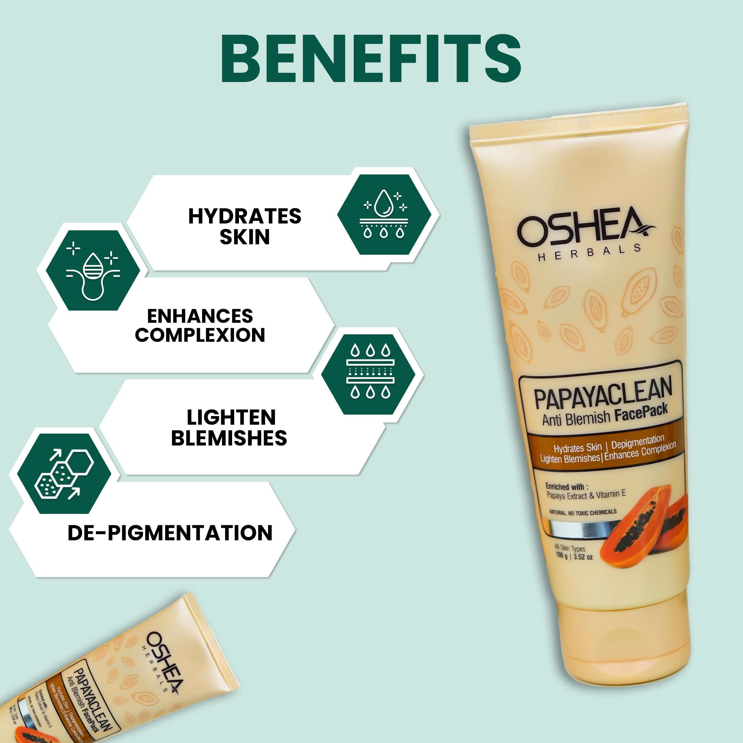 Oshea Herbals Papayaclean Anti Blemish Face Pack for All Skin Types | Hydrating & Brightening Facial Mask with Papaya Extract & Vitamin E | Reduces Dark Spots & Acne Scars | Perfect for Daily Skincare Routine & Spa Treatments - 100g
