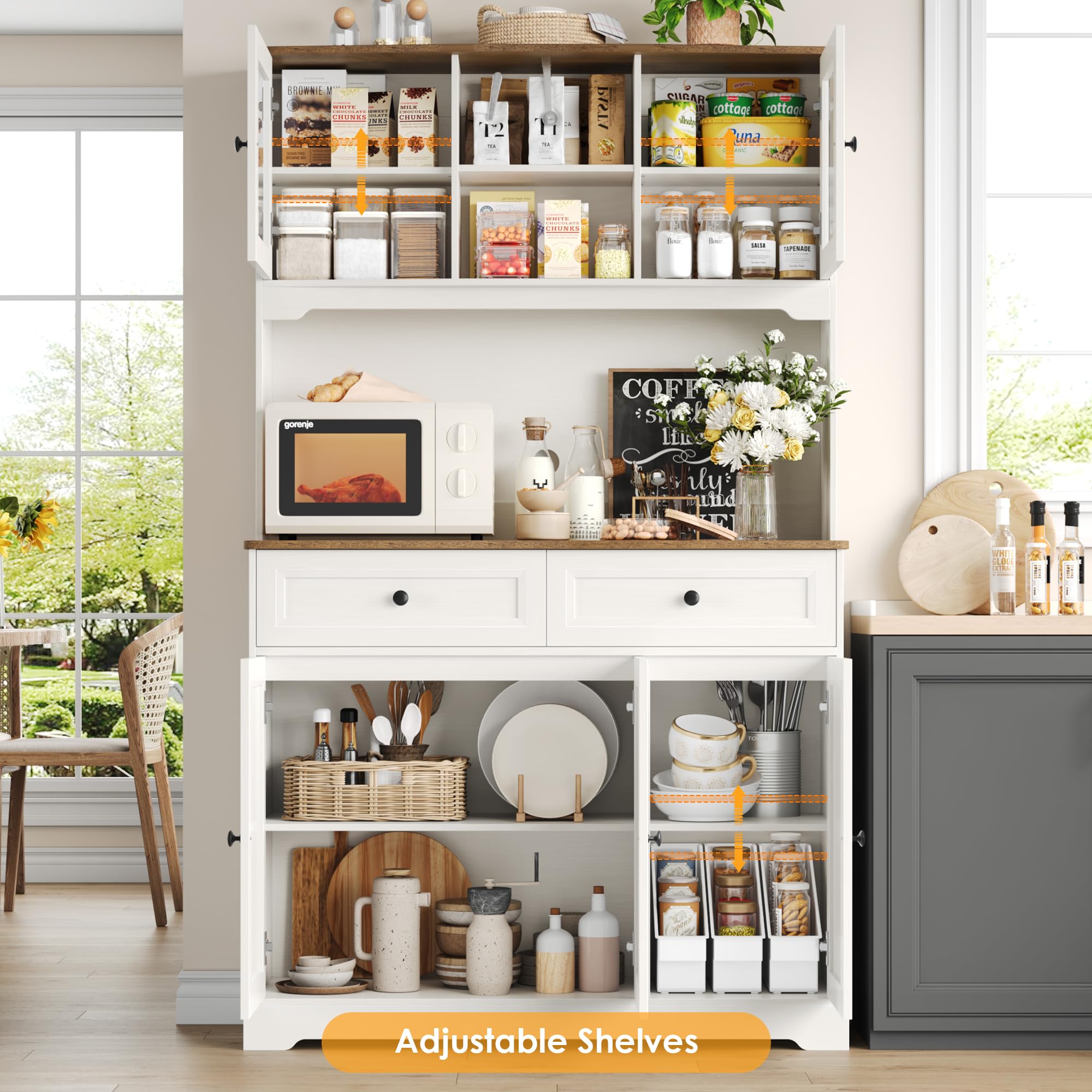 White Tall Kitchen Pantry Storage Cabinet with Adjustable Shelves - Microwave Stand & Countertop Hutch for Food Storage - Perfect for Small Kitchens, Apartments & Pantry Organization