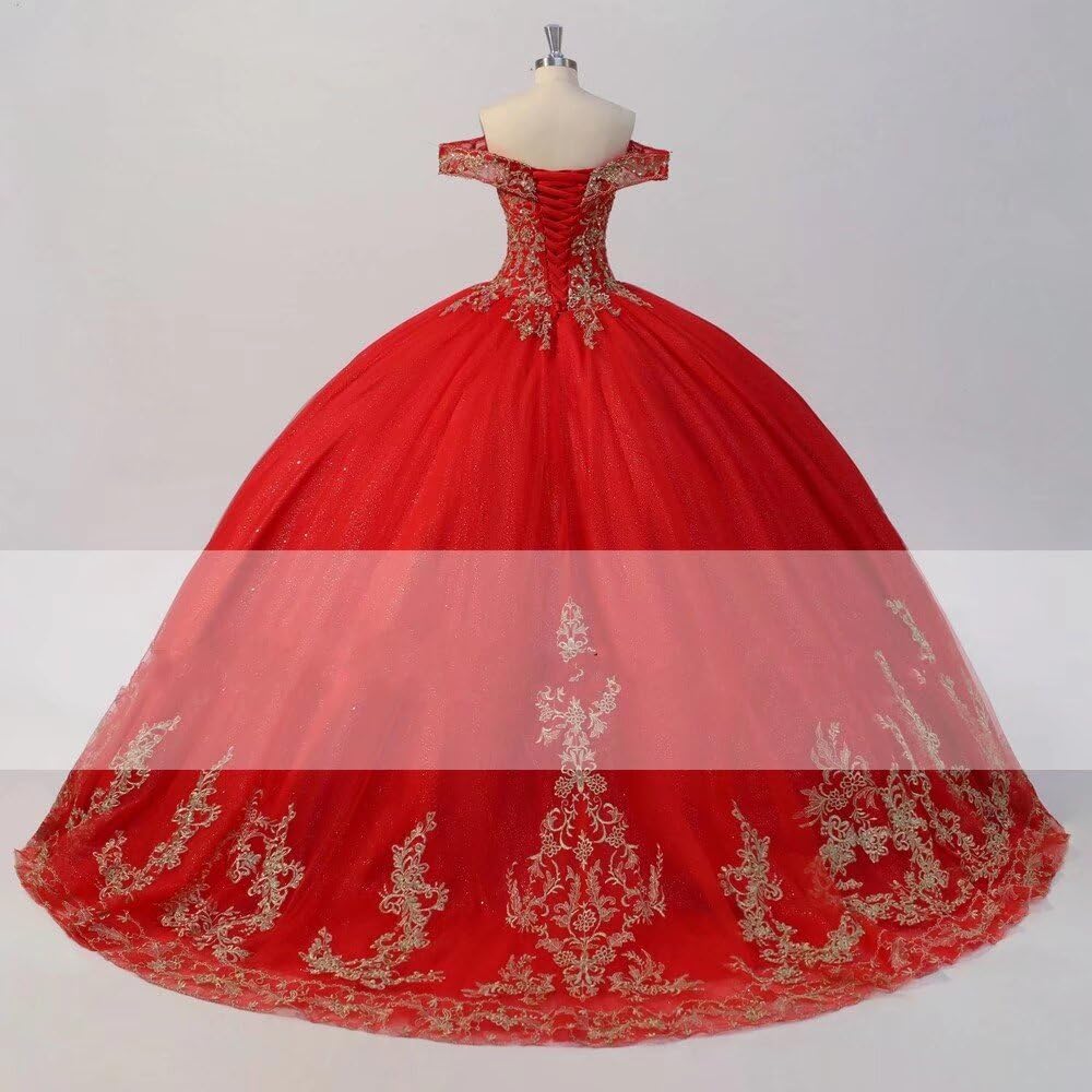 Elegant Gold Embroidered Beaded Tulle Ball Gown - Off Shoulder Quinceanera Dress for Sweet 15 Girls | 2025 Trendy Formal Gown for Quinceañera, Prom, Debutante Ball & Special Occasions