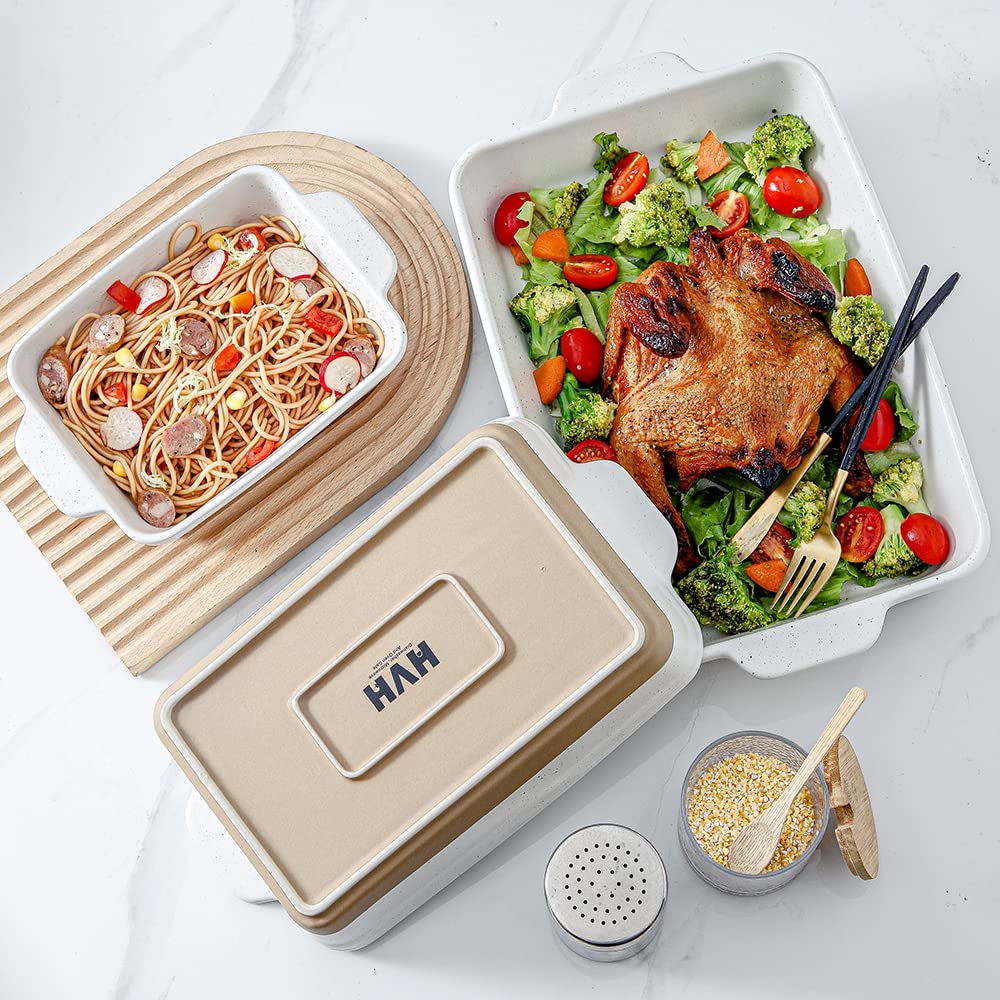 HVH 3-Piece Ceramic Baking Dish Set - 9x13 Inch Large Casserole Dish, Lasagna Pan & Deep Bakeware - Farmhouse Style White Ceramic Cookware for Oven, Microwave & Dishwasher Safe - Perfect for Casseroles, Lasagna, Roasts & Holiday Meals