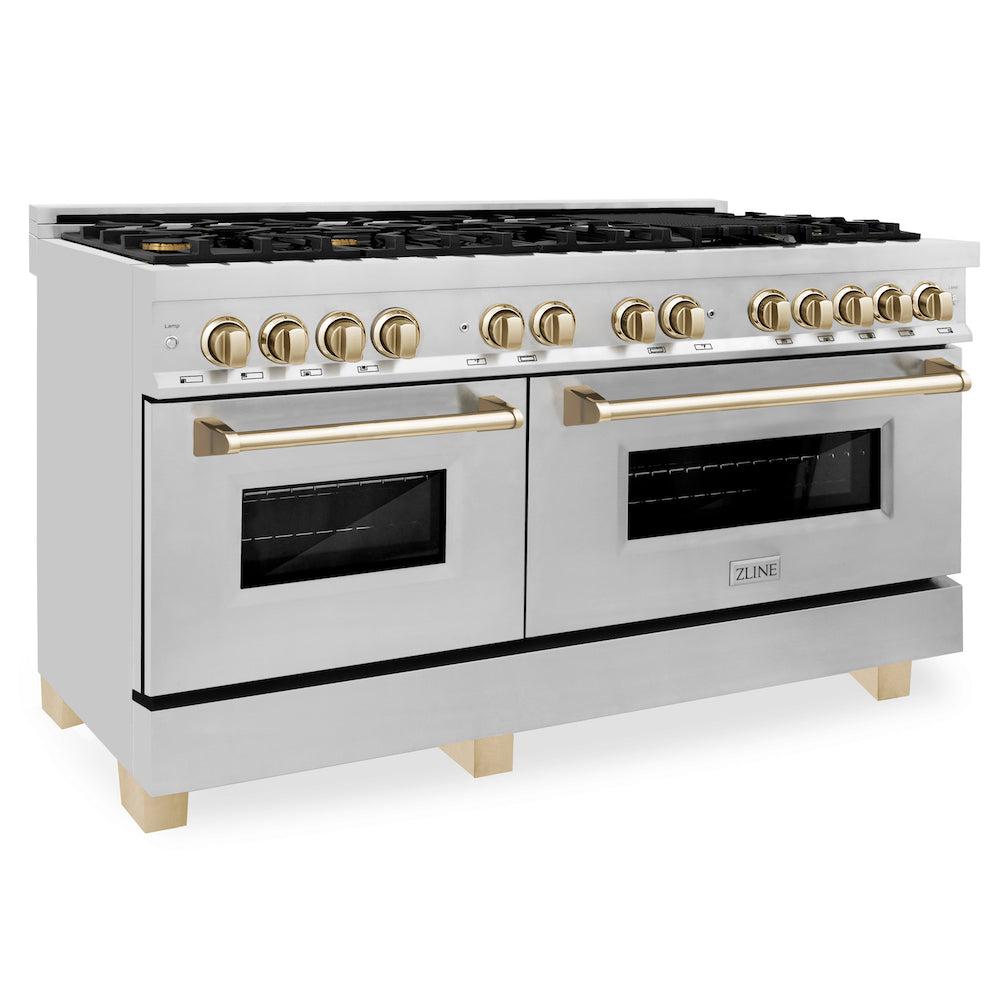 ZLINE RAZ 60 G Autograph Edition 60-Inch Dual Fuel Range - 7.4 cu.ft Capacity, 9-Burner Gas Cooktop & 2 Electric Convection Ovens - Stainless Steel with Polished Gold Accents - Perfect for Professional Kitchens & Luxury Home Cooking