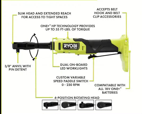 RYOBI ONE+ 18V Brushless Cordless 3/8 in. Extended Reach Ratchet with 2.0 Ah Battery & Charger - Perfect for Automotive Repairs, Tight Spaces, and DIY Projects