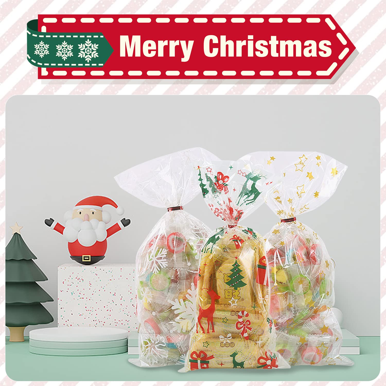 Maykah 200pcs Christmas Cellophane Treat Bags - Iridescent Candy Goodie Bags with Twist Ties for Holiday Parties, Gift Wrapping & Home Decor | Perfect for Xmas Gifts, Stocking Stuffers & Festive Treats