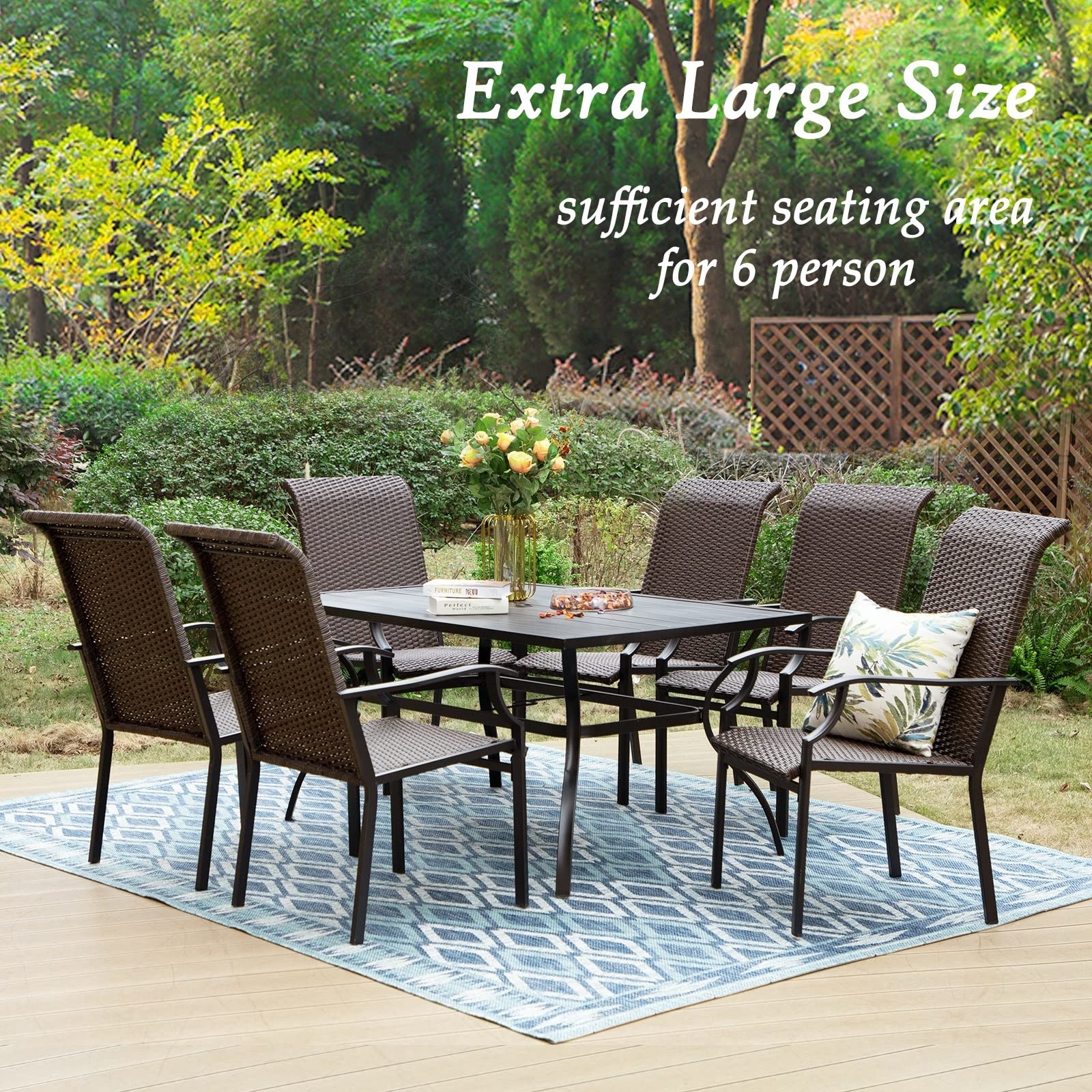 Sophia & William 7-Piece Patio Dining Set - Wicker Outdoor Table & Chairs with Umbrella Hole - 6 High-Back Rattan Chairs & 1 Metal Rectangular Table - Perfect for Backyard, Garden, Poolside & Outdoor Entertaining