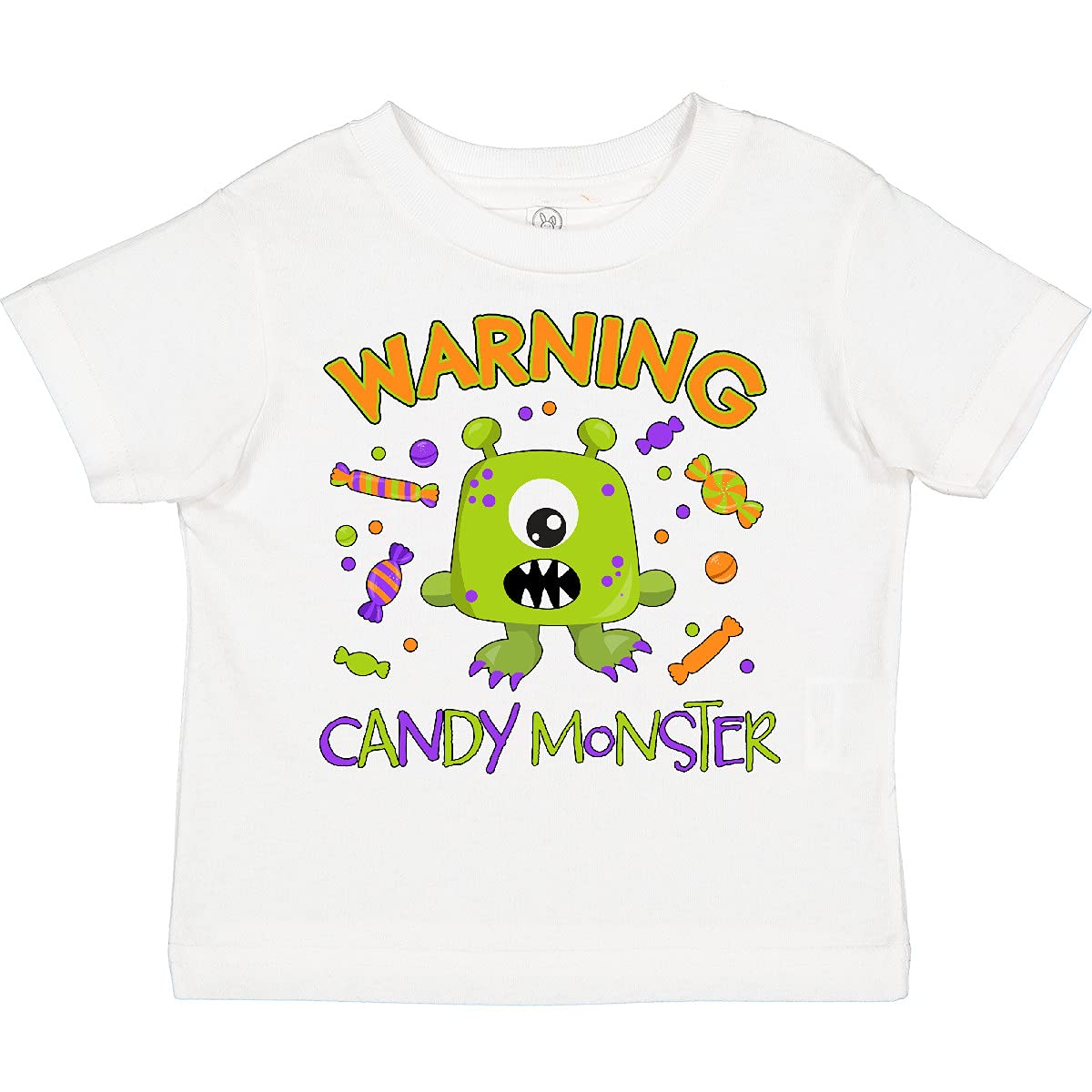 **Inktastic Warning Candy Monster Cute Green Toddler T-Shirt - Fun Halloween Costume & Playdate Outfit for Kids**