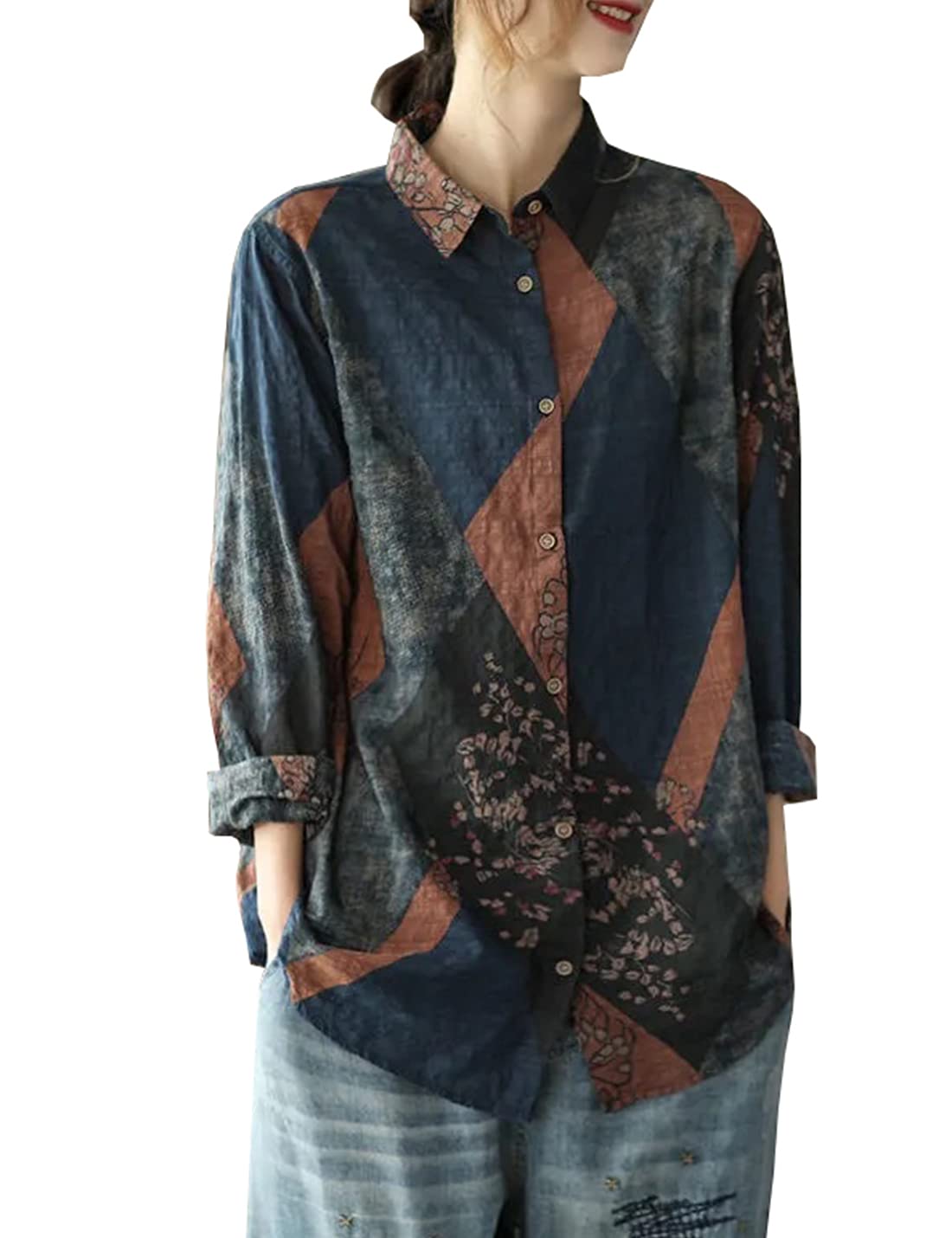 PAODIKUAI Women's Long Sleeve Floral Print Button Down Shirt - Casual Collared Blouse for Work, Office & Everyday Wear