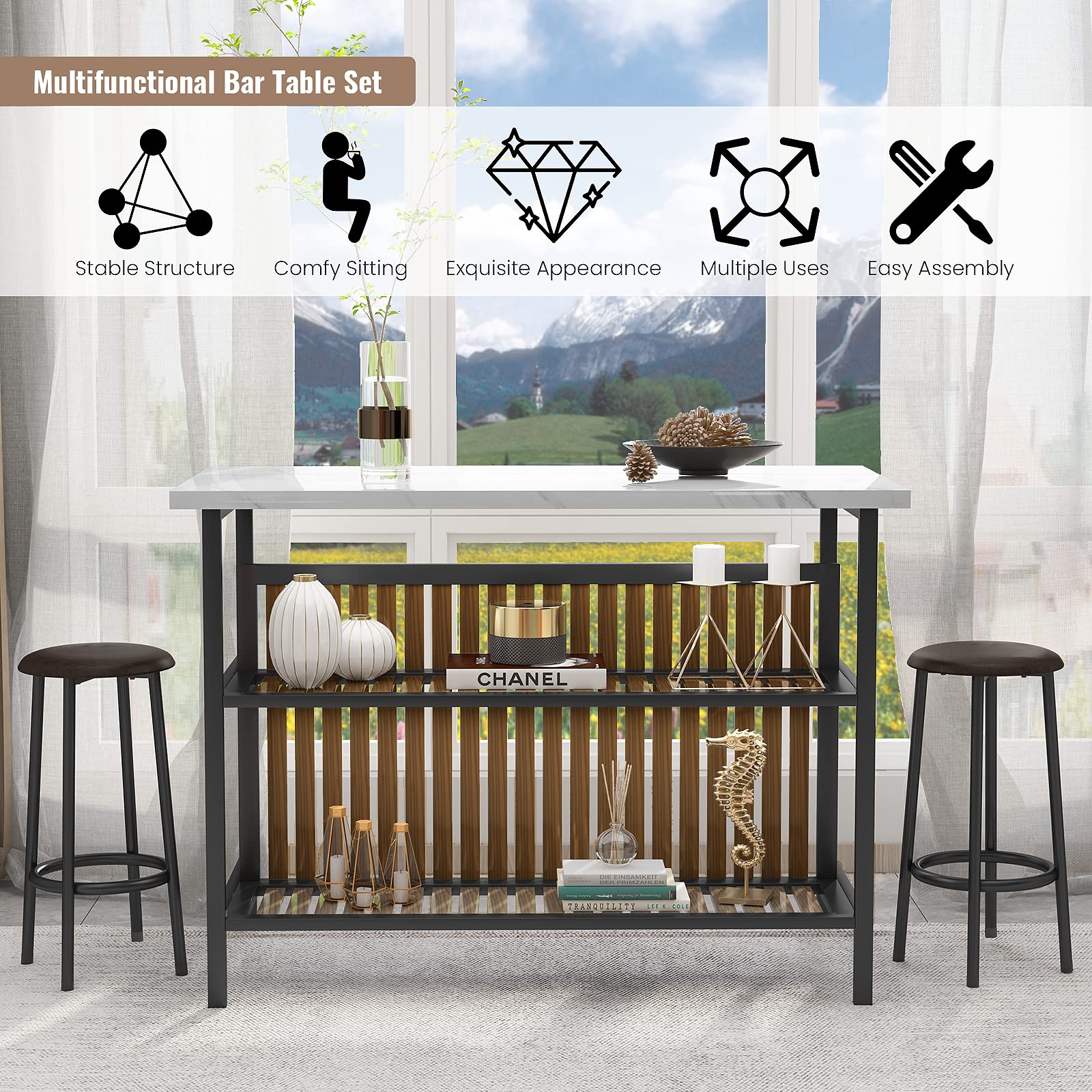 Modern White Kitchen Island with Seating for 2 - Faux Marble Countertop, Storage Shelf & Bar Table Set - Space-Saving Dining Solution for Small Kitchens, Breakfast Nooks & Apartment Living