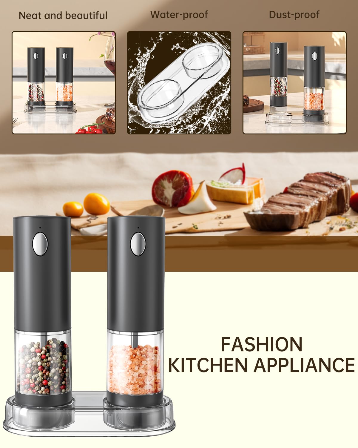 **Rechargeable Electric Salt and Pepper Grinder Set with Adjustable Coarseness & LED Light - 95ml Washable Container, Black - Perfect for Kitchen, Dining & Gourmet Cooking**