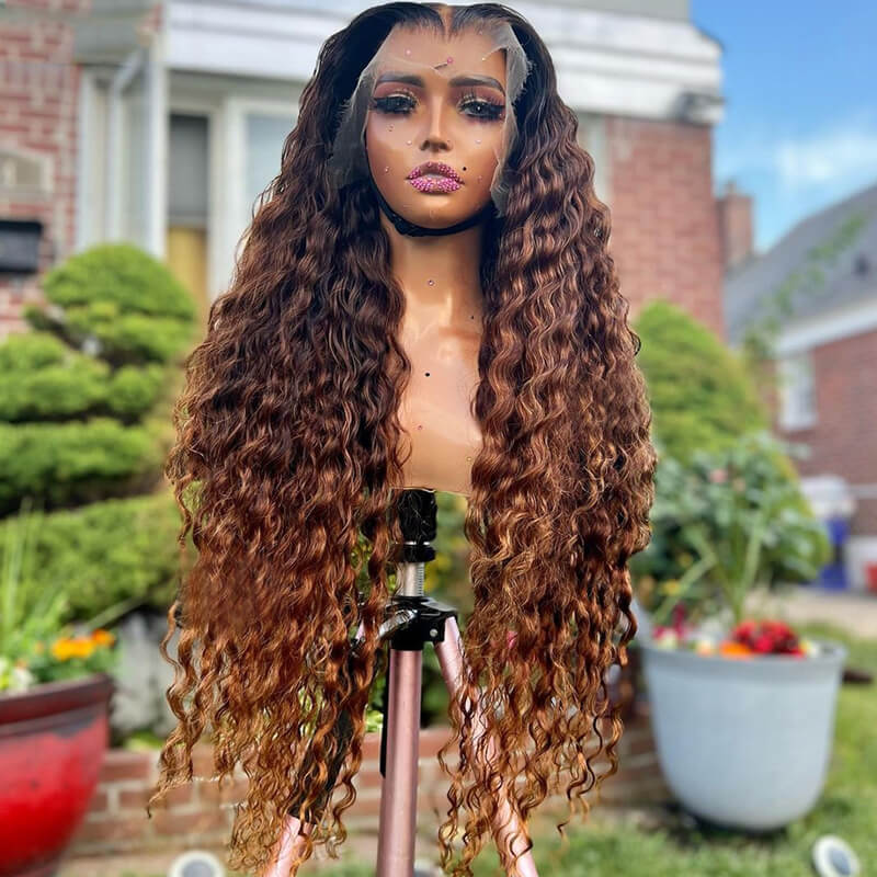 Eullair Ombre 1B/Brown Deep Curly Human Hair Wig with Transparent HD Lace Frontal - Natural Looking Wigs for Black Women | Perfect for Daily Wear, Parties & Special Occasions