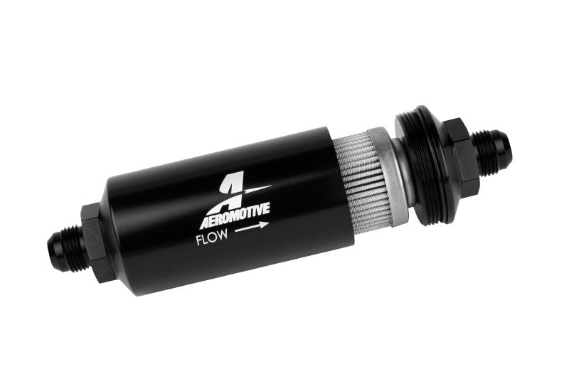 Aeromotive AN-8 Male Inline Fuel Filter - 40 Micron Stainless Steel Mesh Element with Bright Dip Black Finish for High Performance Fuel Systems & Racing Applications