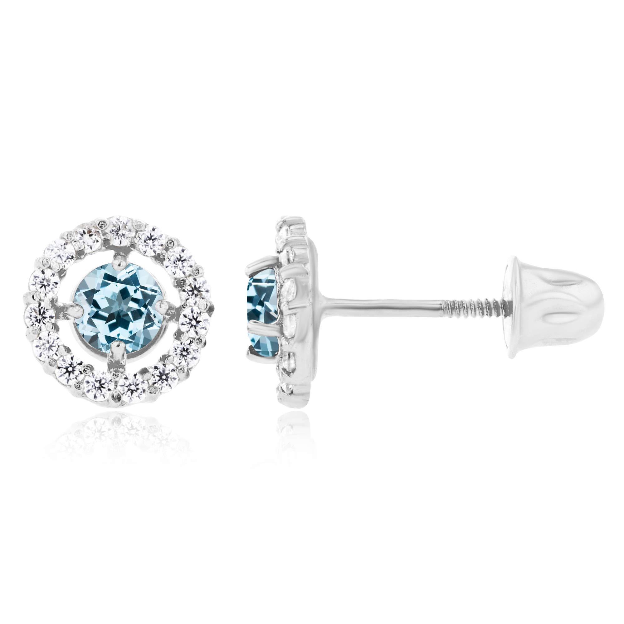 14K Solid Gold 6mm Halo Birthstone Stud Earrings for Women | 3mm Round Natural Birthstone | 1mm White Sapphire Halo Screwback Earrings | Perfect for Birthdays, Anniversaries & Special Occasions