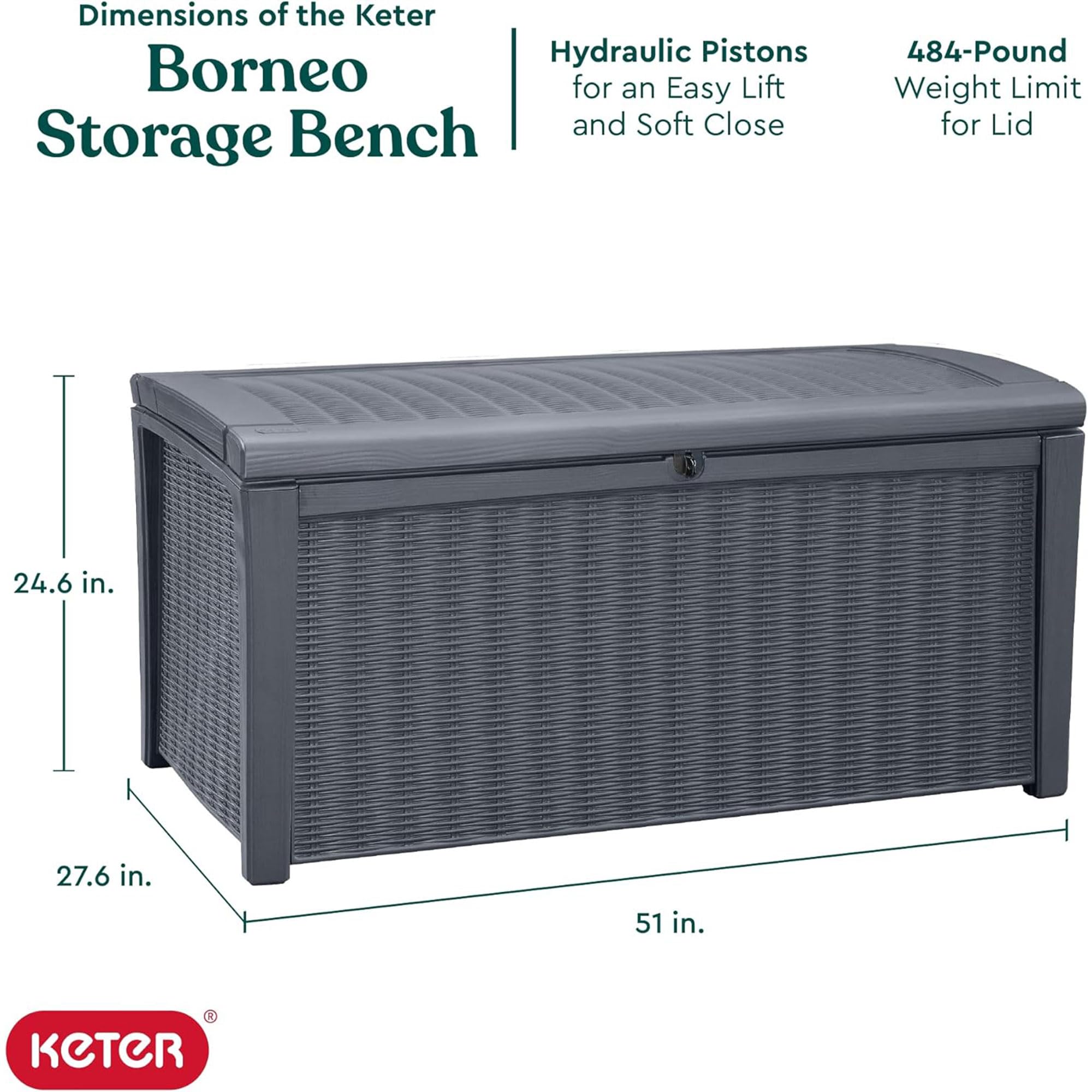 Keter 110 Gallon Outdoor Storage Deck Box - Waterproof Patio Bin for Garden, Pool & Backyard - Durable Grey Plastic Container (Borneo) - Perfect for Storing Cushions, Toys & Outdoor Gear