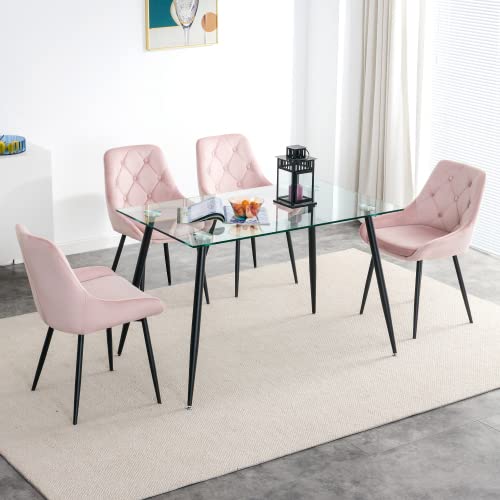 Modern Glass Dining Table Set with 4 Velvet Chairs - Rectangular Kitchen & Living Room Table with Black Legs (Pink) - Perfect for Small Spaces, Apartments, and Modern Home Decor