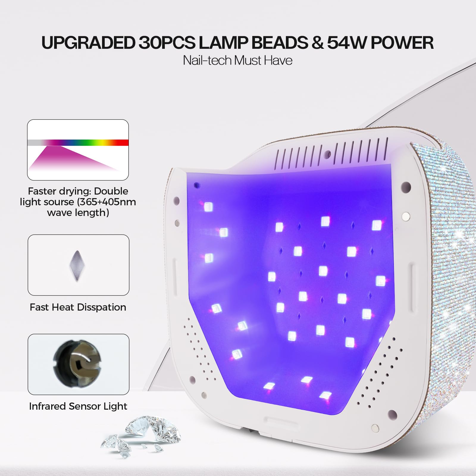 Professional UV LED Nail Lamp for Gel Nails - 4 Timer Modes, Fast Drying with Diamond Rhinestone Decor - Perfect for Home Manicures, Nail Salons & DIY Nail Art