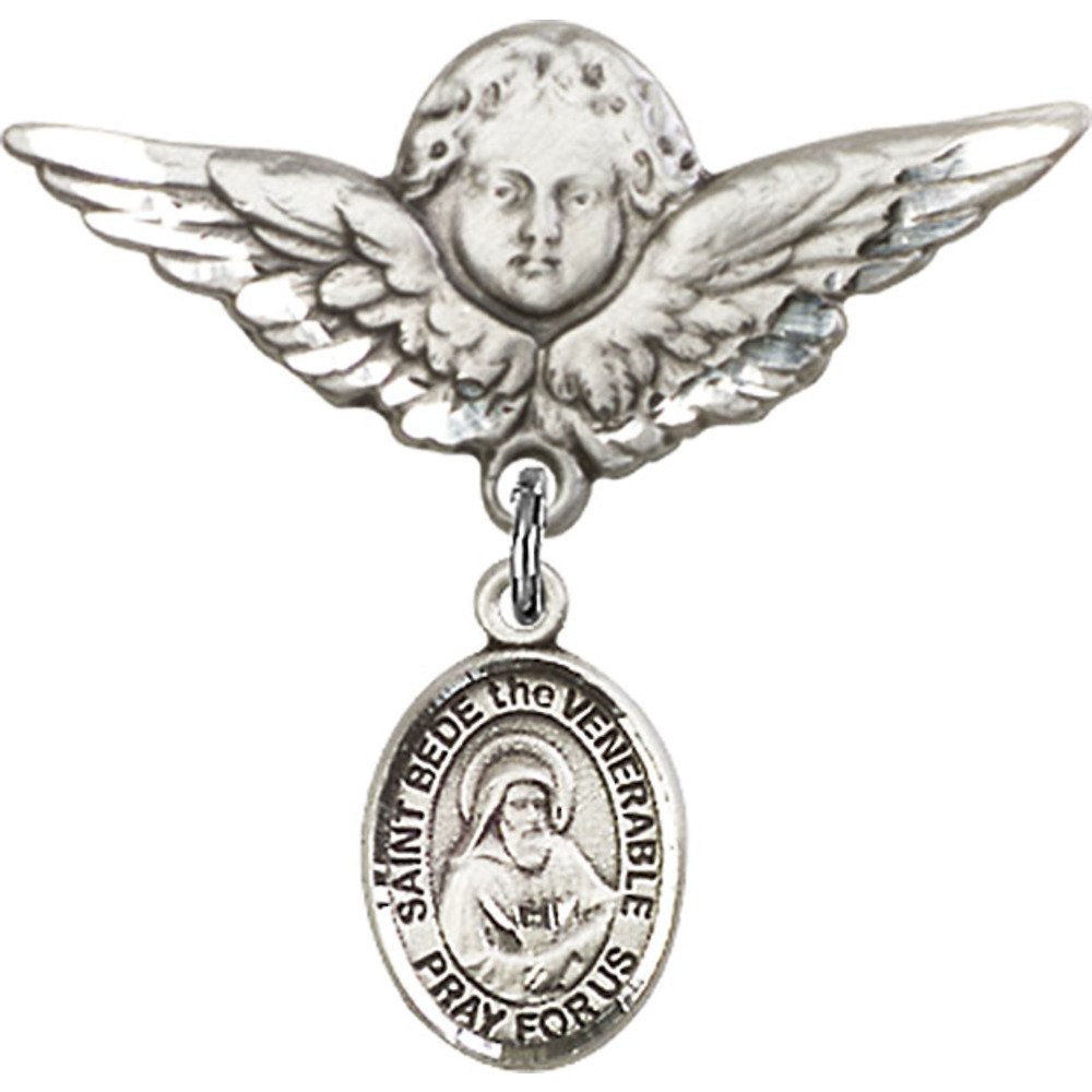 Sterling Silver Baby Badge with St. Bede the Venerable Charm & Angel Wing Pin - Perfect for Christening Gifts, Baptism Keepsakes & Newborn Blessings