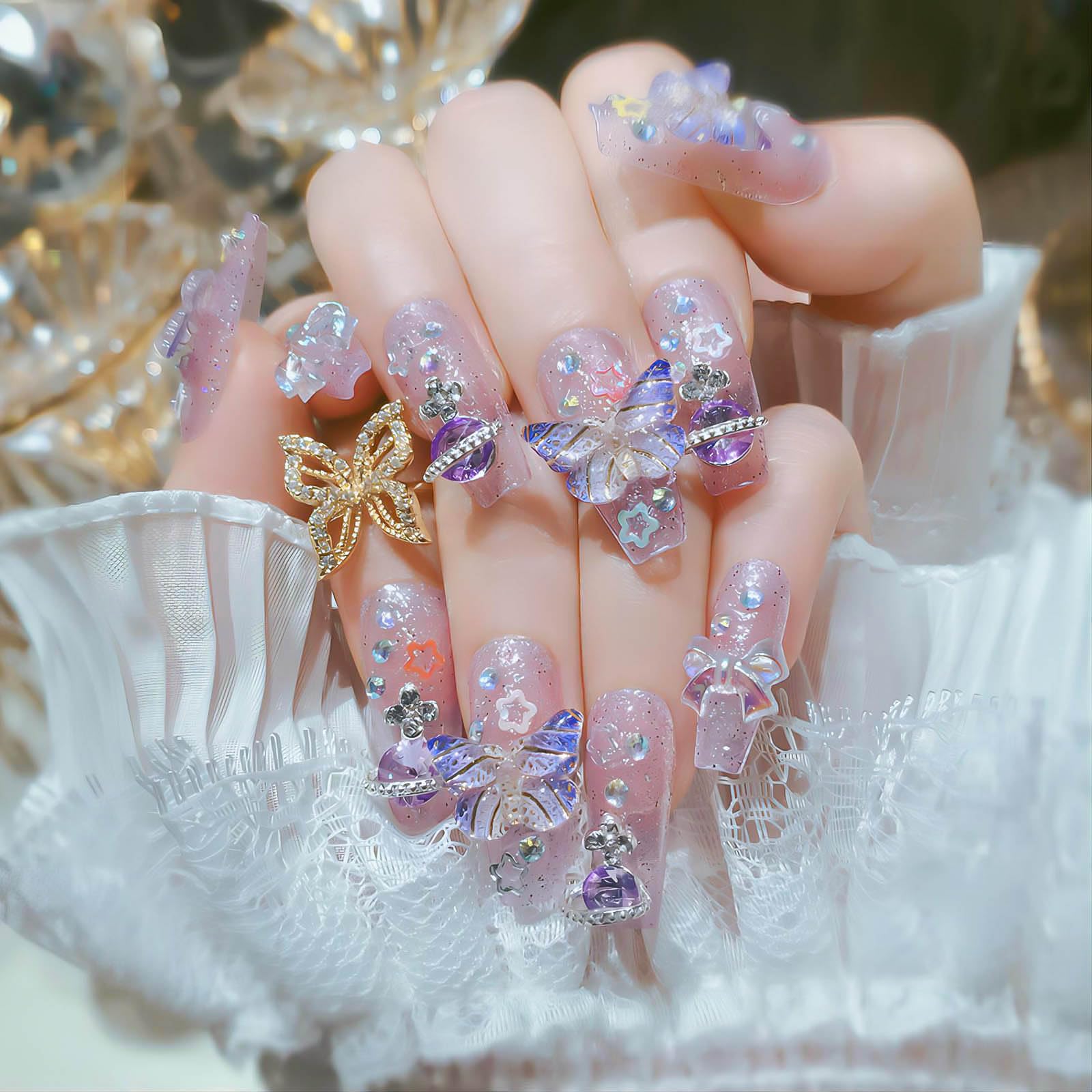 24Pcs Purple Coffin Press on Nails with Rhinestones & 3D Butterfly Charms - Glitter False Nails for Women | Natural Look, Easy Application | Perfect for Parties, Weddings & Special Occasions