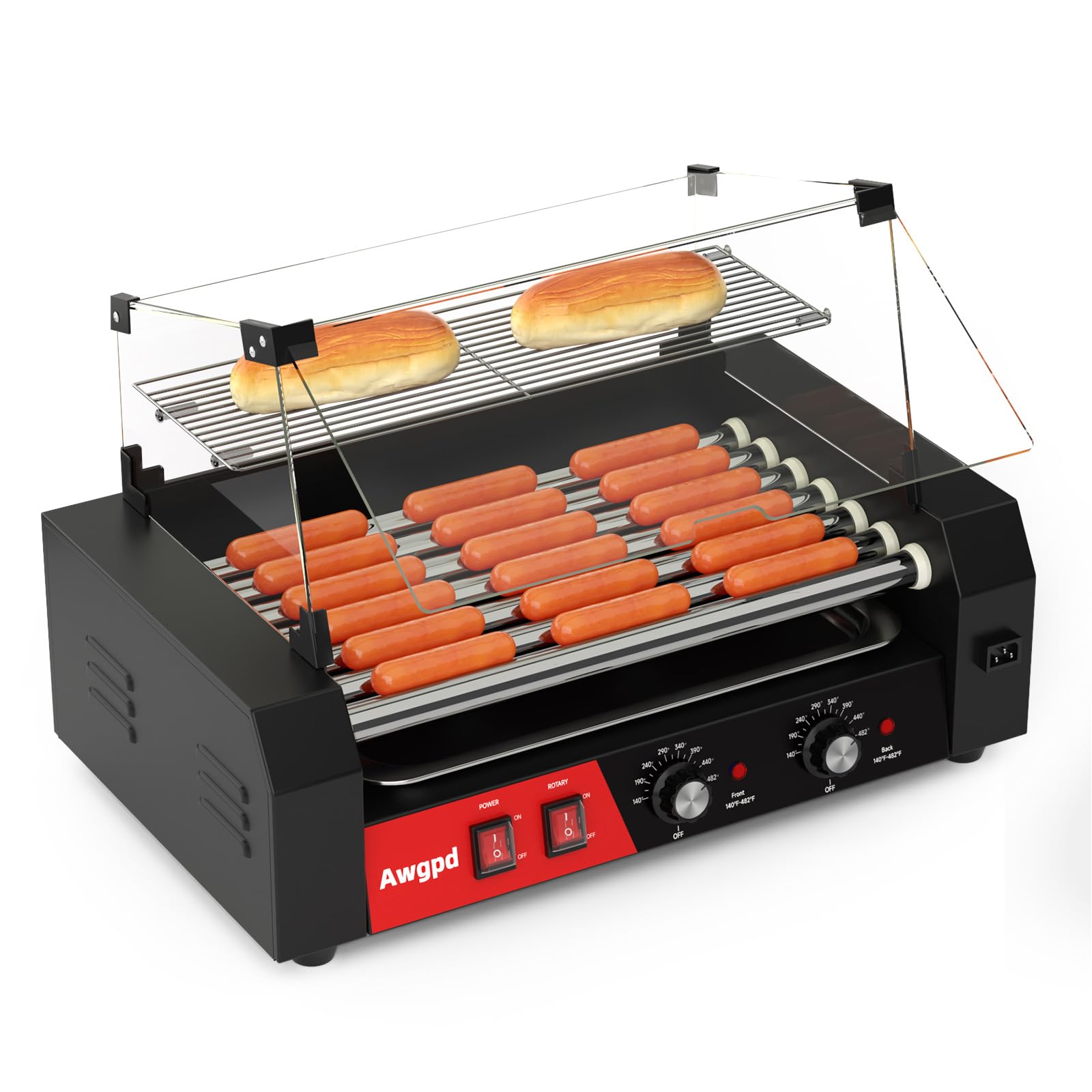 7-Roller Hot Dog Grill Machine - 18 Hot Dogs Capacity, 1050W Stainless Steel Sausage Cooker with Dual Temperature Control, Glass Hood & Bun Warmer - Perfect for Restaurants, Food Trucks, and Home BBQs