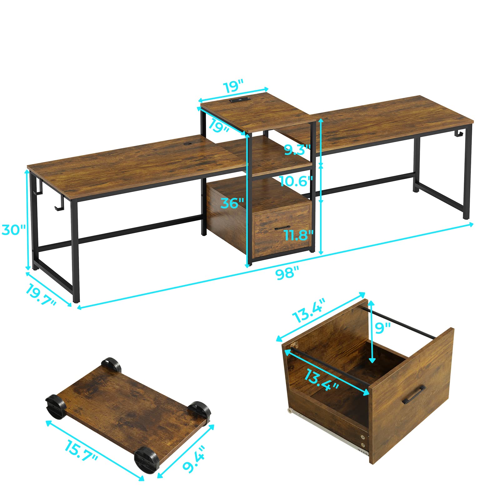 SEDETA 98 Inch Large Home Office Desk for 2 People - Rustic Brown Computer Desk with Storage Drawer, USB Power Strip, Printer Shelf & Monitor Stand - Perfect for Shared Workspace, Gaming Setup or Study Room