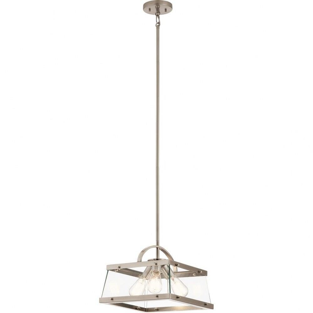 3-Light Industrial Modern Square Pendant Light Fixture with Clear Glass Shade in Classic Pewter Finish - Perfect for Kitchen Island, Dining Room, and Farmhouse Decor