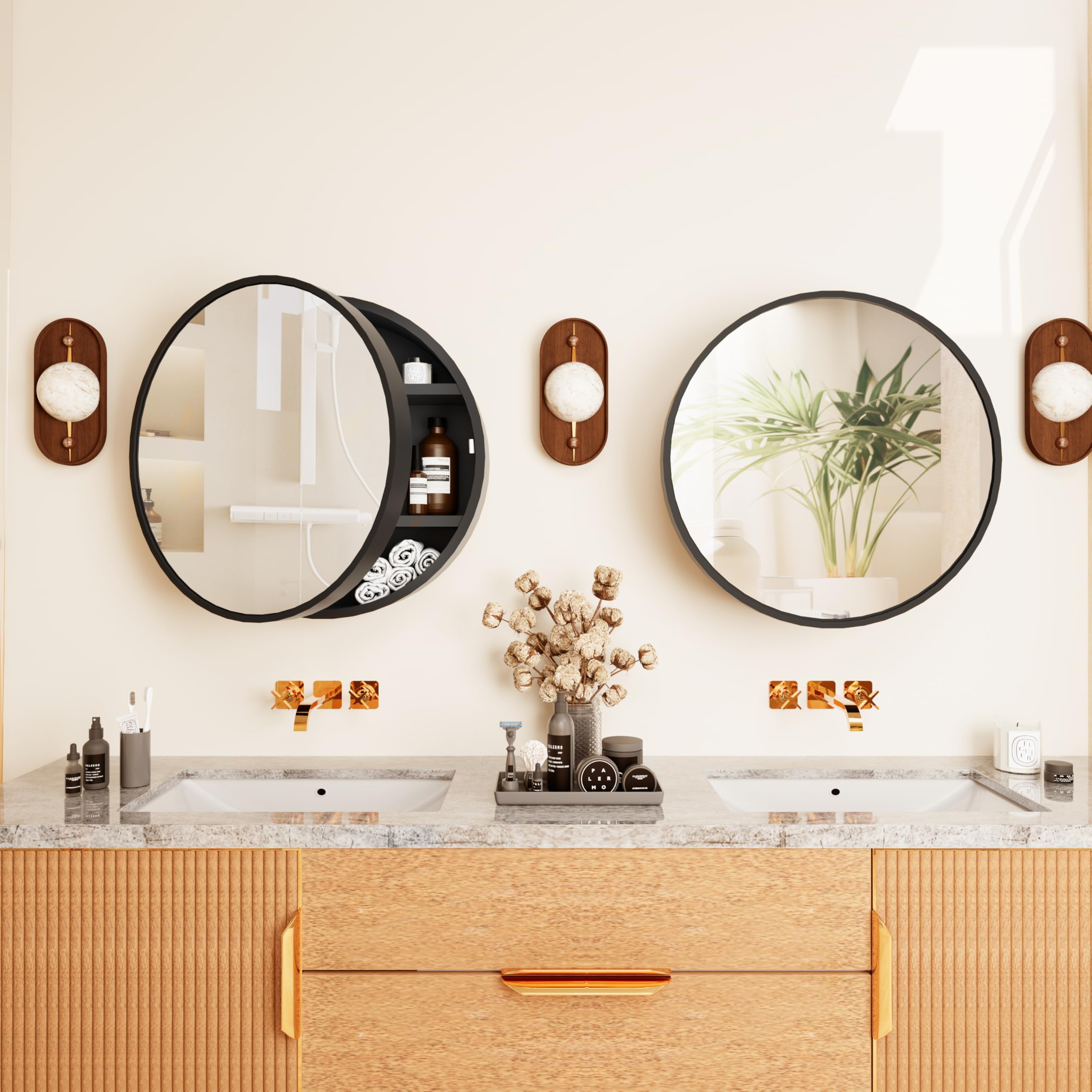 Round Medicine Cabinet Mirror with Shelf - Bathroom Wall Mounted Storage Cabinet with Vanity Mirror, Surface Mount Above Toilet Organizer (Black) - Perfect for Small Bathrooms & Powder Rooms