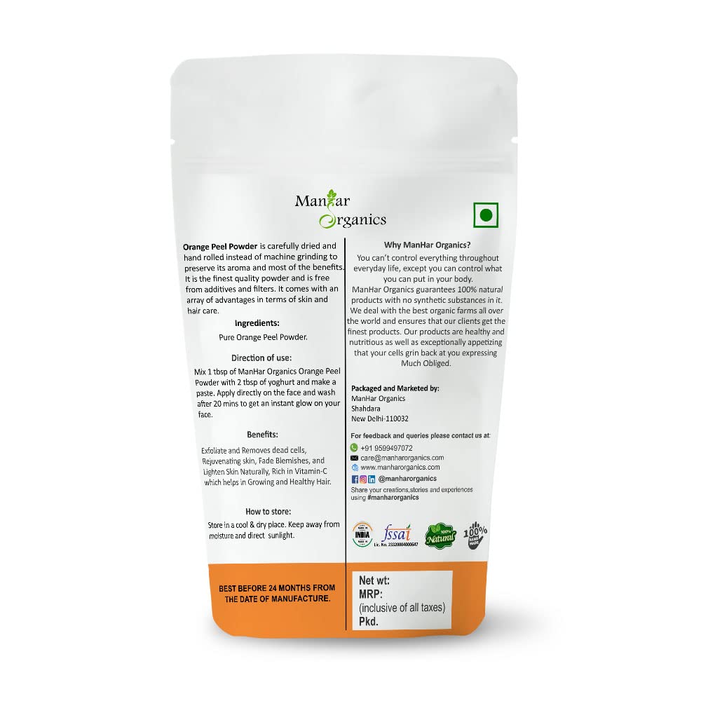 ManHar Organics Natural Orange Peel Powder with Vitamin C & Antioxidants - 100g for Face Cleansing, Skin Brightening & Glowing Complexion | DIY Face Mask, Exfoliating Scrub & Natural Skin Care Solution