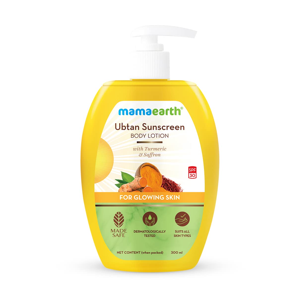 Mamaearth Ubtan Sunscreen Body Lotion SPF 30 with Turmeric & Saffron for Glowing Skin – 300ml | Natural Sun Protection for Face & Body | Daily Moisturizer for Summer & Outdoor Activities