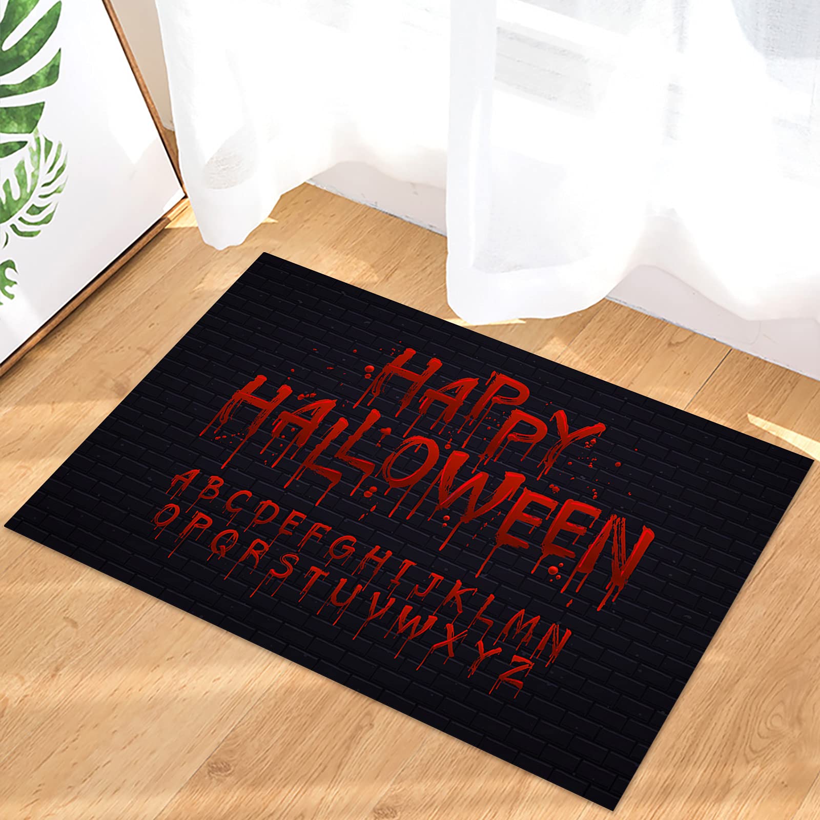 Halloween Happy Doormat with Blood Lettering - Non-Slip Front Door Rug, Absorbent & Washable Indoor Mat for Entrance, Bathroom, Kitchen, Living Room & Bedroom (18x30 Inches) - Perfect for Spooky Home Decor & Holiday Greetings