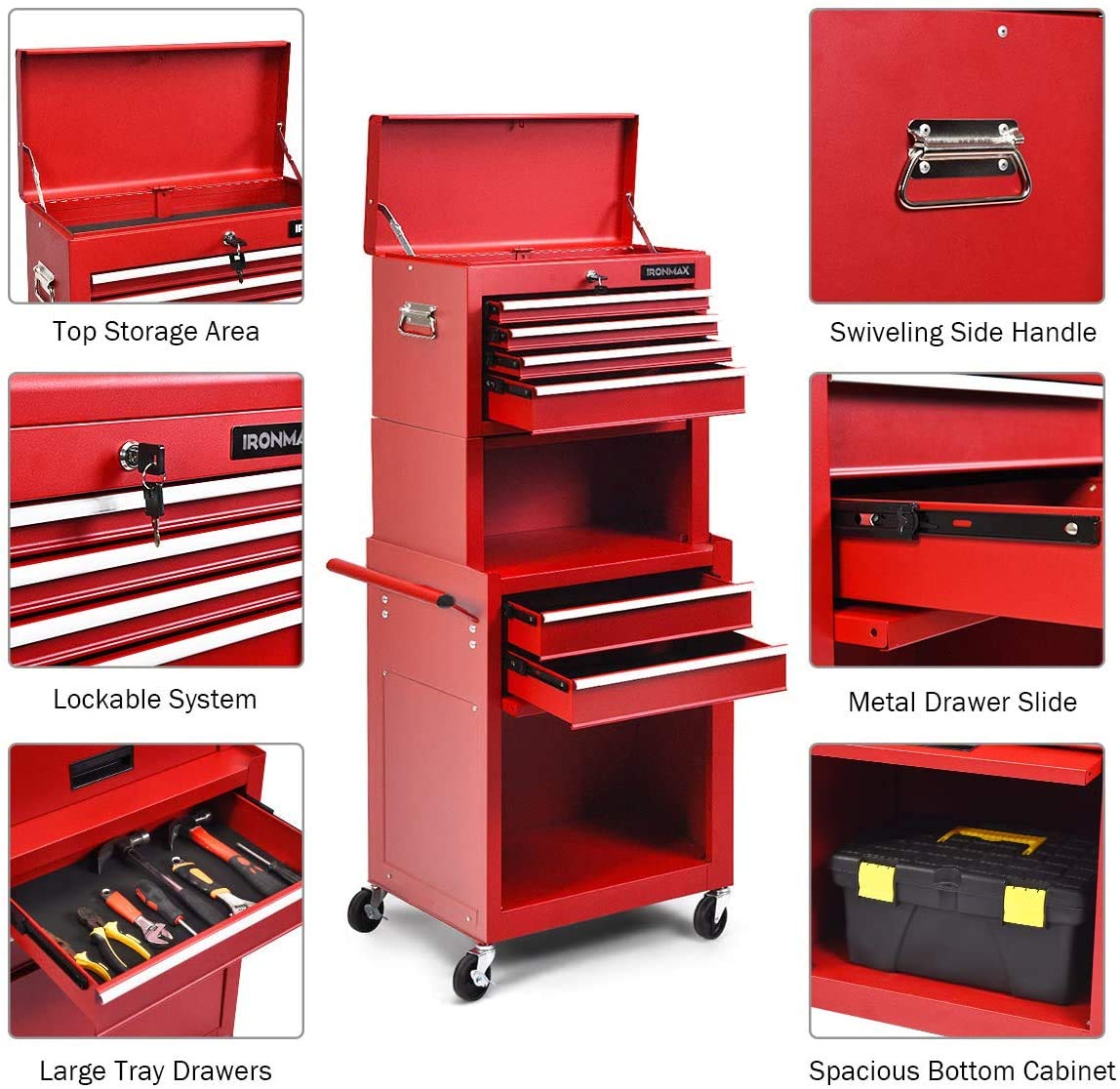 ARLIME 6-Drawer Rolling Tool Chest with Sliding Drawers, Detachable Top Box & Locking System - Heavy Duty Tool Storage Cabinet with Removable Organizer for Garage, Workshop & Warehouse (Red) - Perfect for Mechanics, DIY Enthusiasts & Professional Contractors