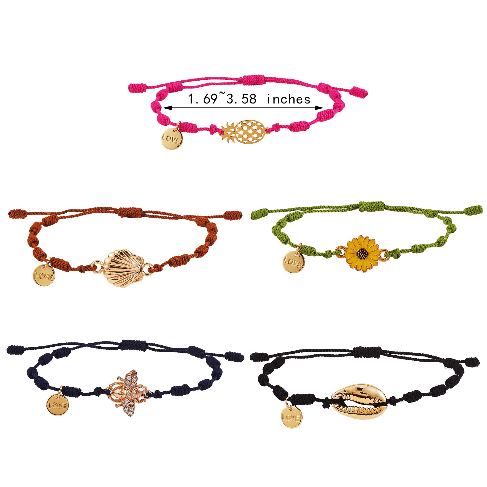 Ornaland 5-Piece Braided Knot Bracelets Set - Natural Shell Flower, Pineapple & Bee Charms with Love Word Disc - Boho Beach Jewelry for Women | Perfect for Summer Outfits, Gifts & Layered Bracelet Stacks