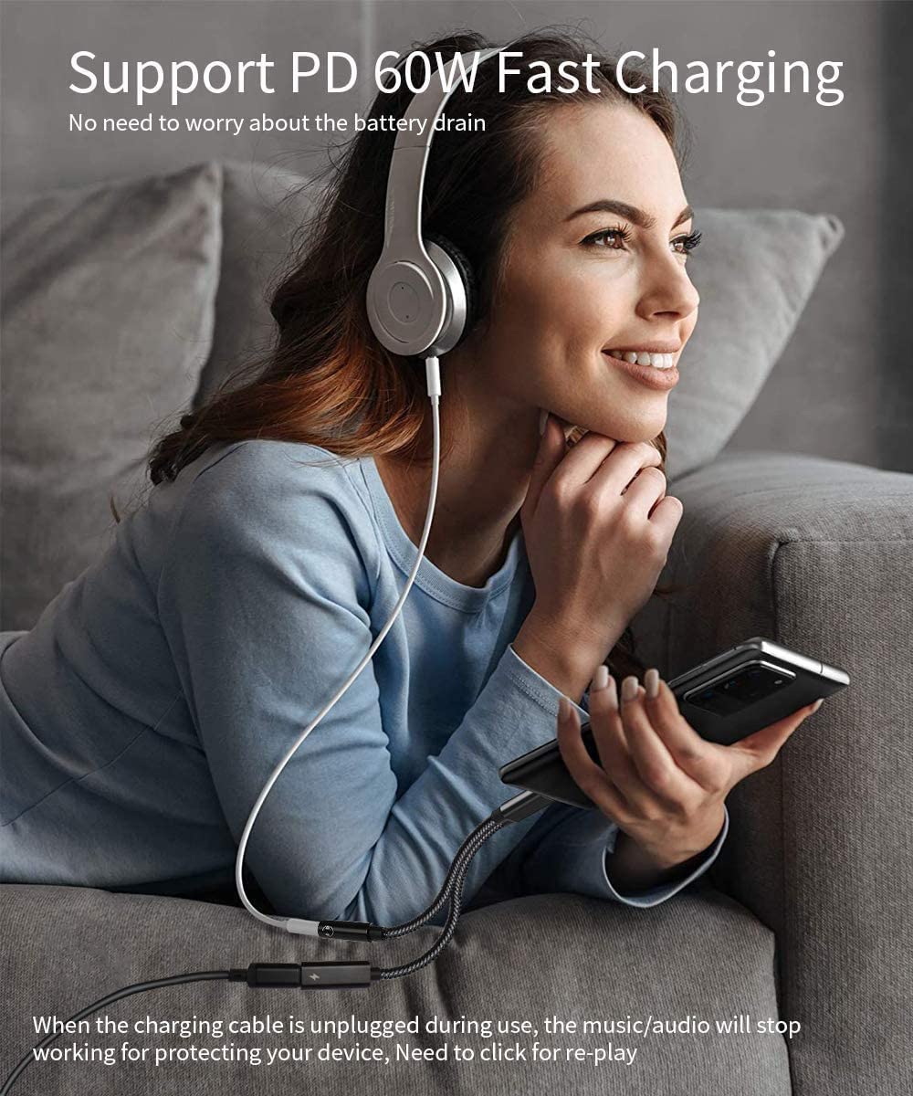 2-in-1 USB C to 3.5mm Headphone Jack Adapter with 60W PD Fast Charging - Hi-Fi Audio & Power Delivery Dongle for iPhone 16/15 Pro Max/Plus, Galaxy S24/S23/S22, Pixel 9/8/7 - Perfect for Travel, Gaming & Charging On-The-Go