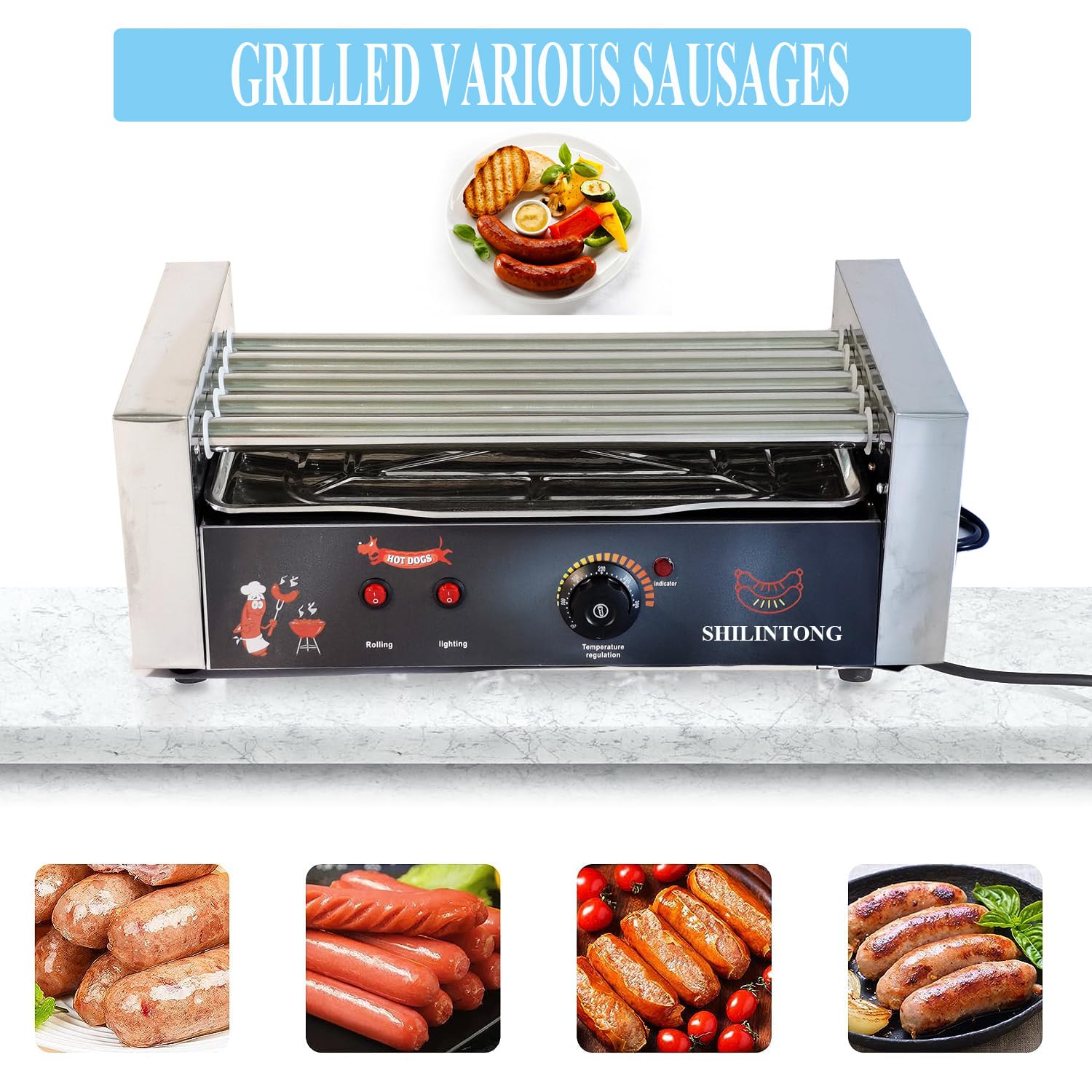 Commercial & Home Electric Hot Dog Roller Machine - 5 Stainless Steel Hot Dog Cookers - No Cover Silver - Perfect for Restaurants, Carnivals, Food Trucks and Family BBQs