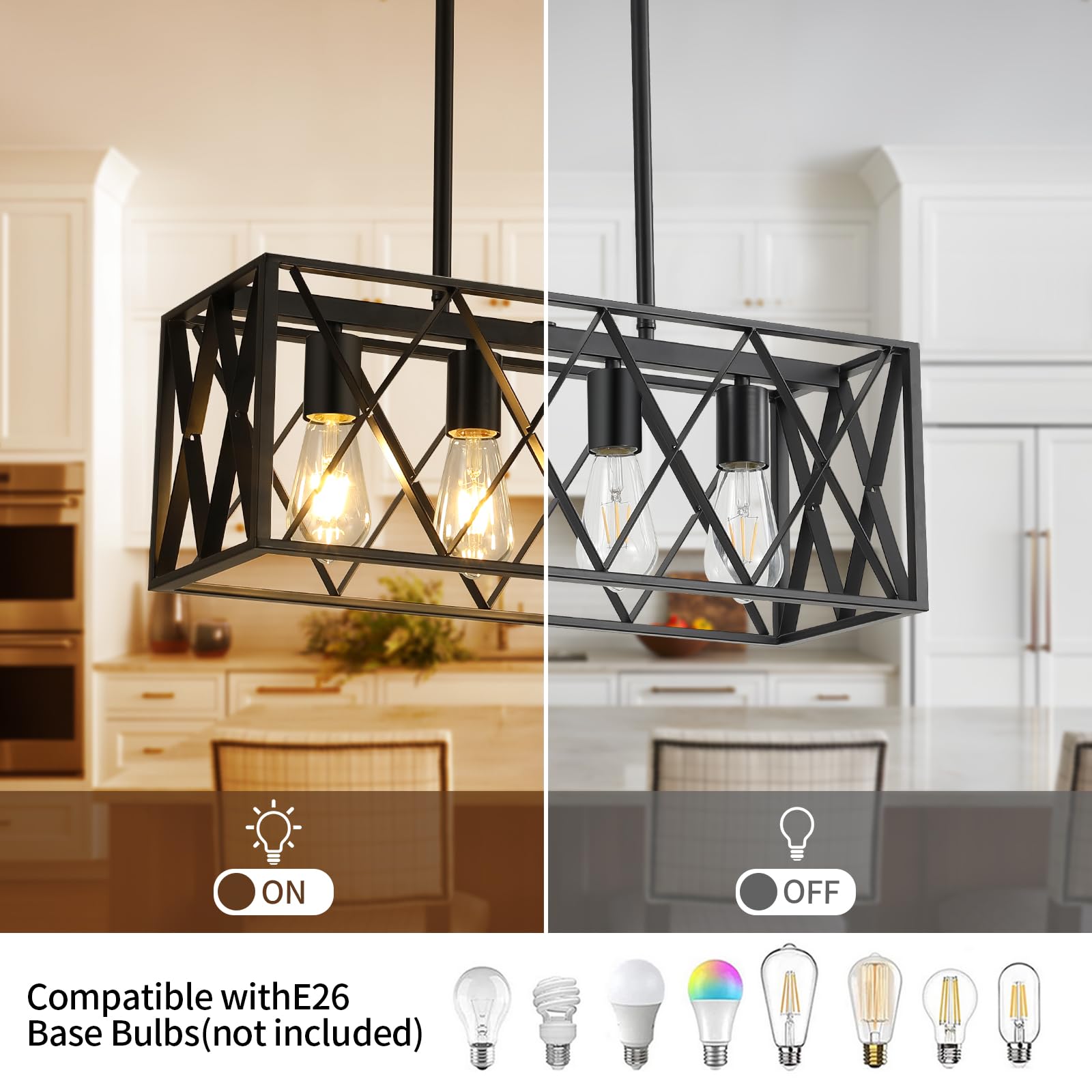 KEESFU Black Farmhouse Kitchen Island Pendant Light - Adjustable Height 4-Light Industrial Fixture for Dining Room, Living Room, Foyer & Over Sink | Perfect for Rustic Home Decor & Modern Farmhouse Style