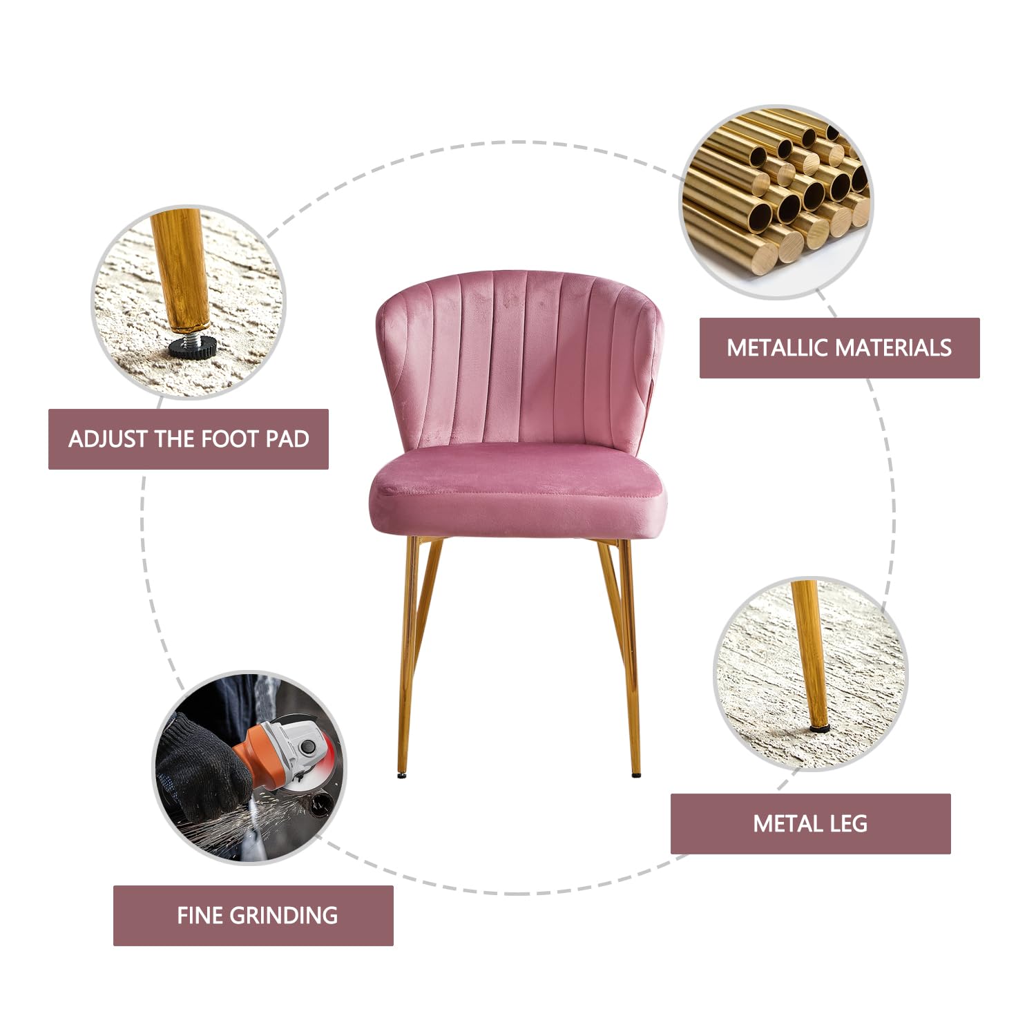 Kiztir Pink Velvet Dining Chairs Set of 4 - Modern Tufted Upholstered Chairs with Golden Metal Legs for Dining Room, Kitchen, Vanity - Perfect for Home Decor, Wedding, and Restaurant Use