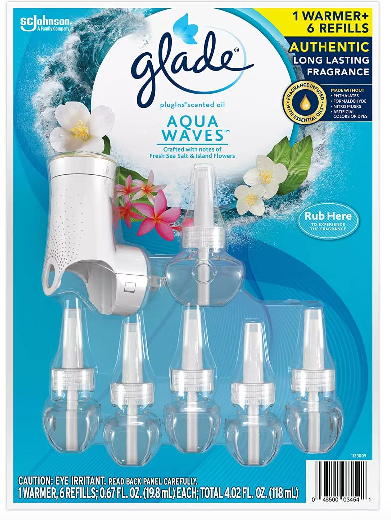 Glade PlugIns Scented Oil Warmer with 6 Refills - Aqua Waves Fragrance for Home & Office | Air Freshener for Living Room, Bedroom, Bathroom & Small Spaces