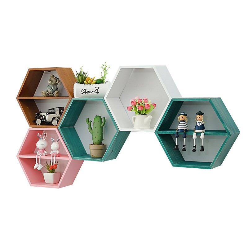 Hexagon Wood Wall Shelf - Modern Geometric Floating Shelves for Home Decor, Bathroom, Bedroom & Living Room Storage | Rustic Wooden Display Shelf for Plants, Books & Decorative Items