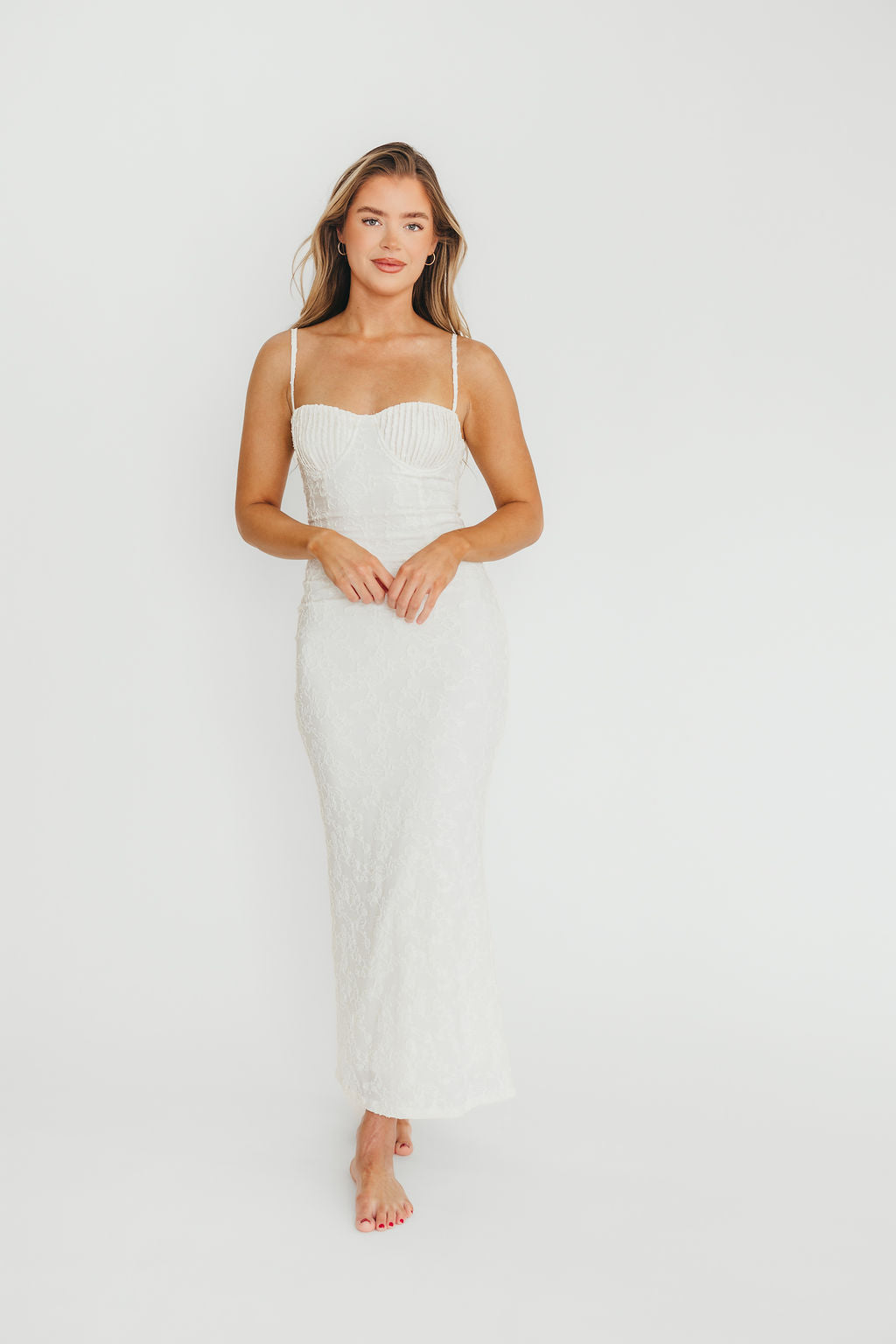 Amira Ruched Bustier Lace Up Back Maxi Dress in Ivory - Elegant Formal Gown for Weddings, Prom & Evening Events