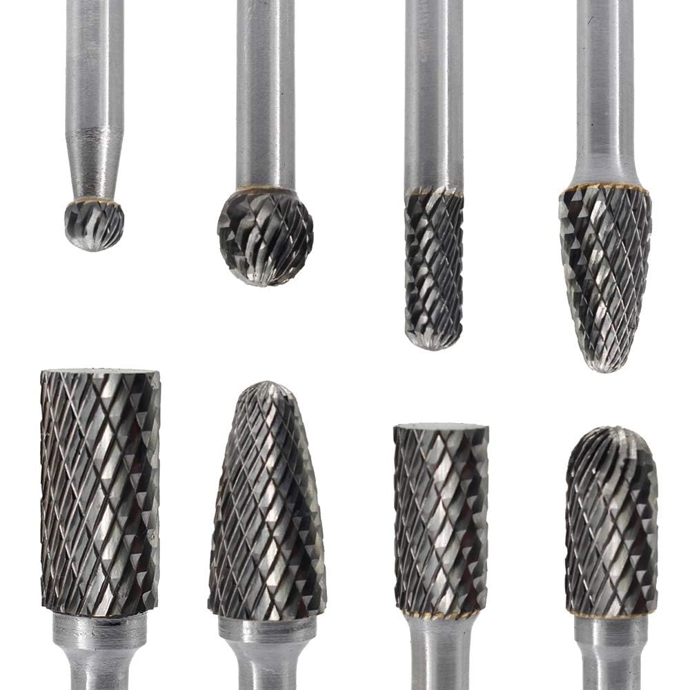JESTUOUS 8-Piece Carbide Burr Set - 1/4 Inch Shank Double Cut Rotary Files for Metal Grinding, Polishing & Carving - Professional Die Grinder Drill Bits Kit for Metalworking, Woodworking & DIY Projects