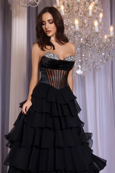 PORTIA and SCARLETT PS25961 Layered Crystal Corset Dress - Elegant Evening Gown for Prom, Wedding & Special Occasions