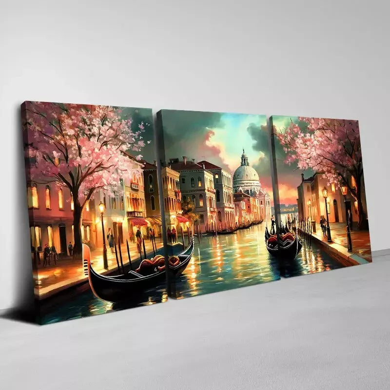 3-Piece Beautiful Longed Water City & Pink Trees Art Set - 50x70cm Framed Canvas Wall Art - High Quality Print, 100% Australian Made - Ready to Hang - Perfect for Living Room, Bedroom & Office Decor