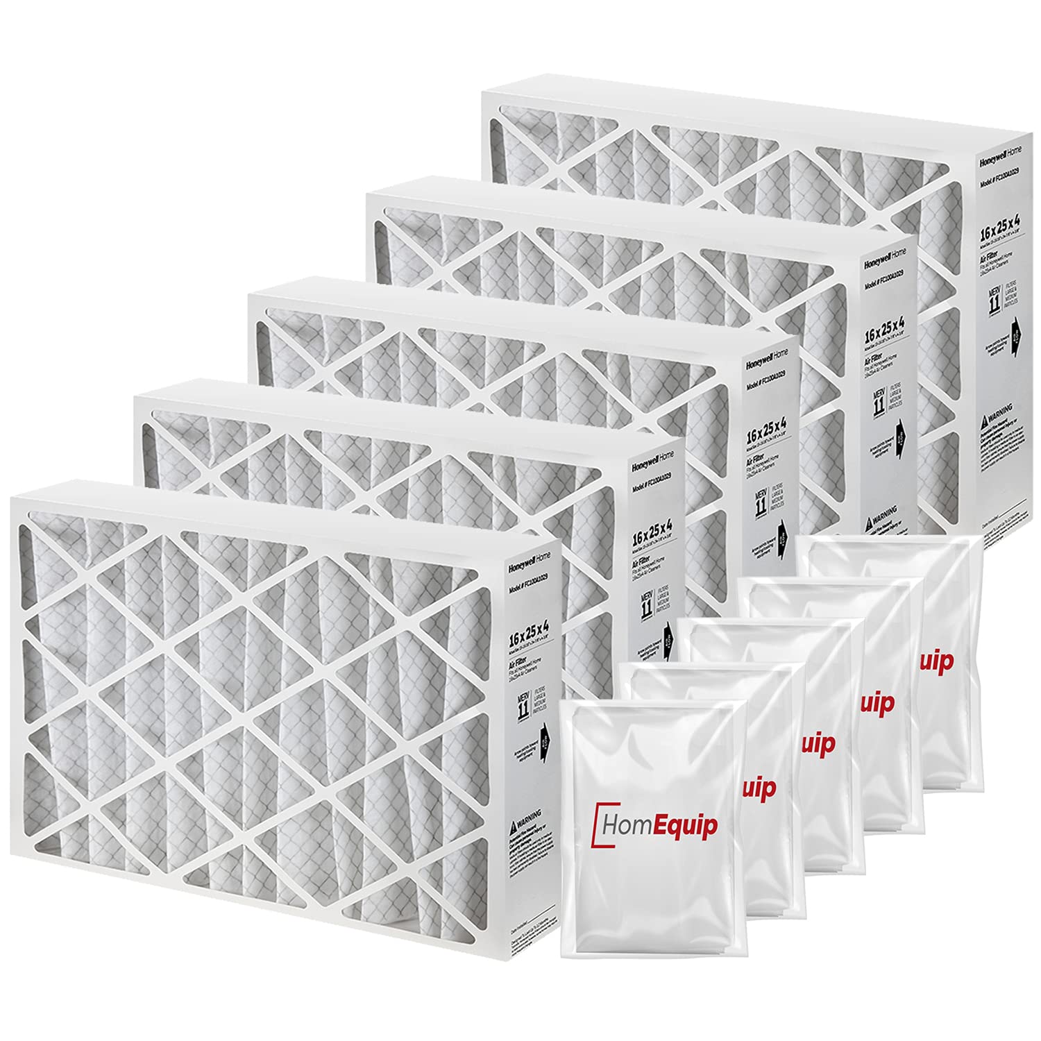 Honeywell 16x25x4 MERV 11 Furnace Air Filters (5 Pack) - FC100A1029 Replacement Filters with Homequip Disposal Bags for HVAC Systems - Perfect for Home, Office & Commercial Use