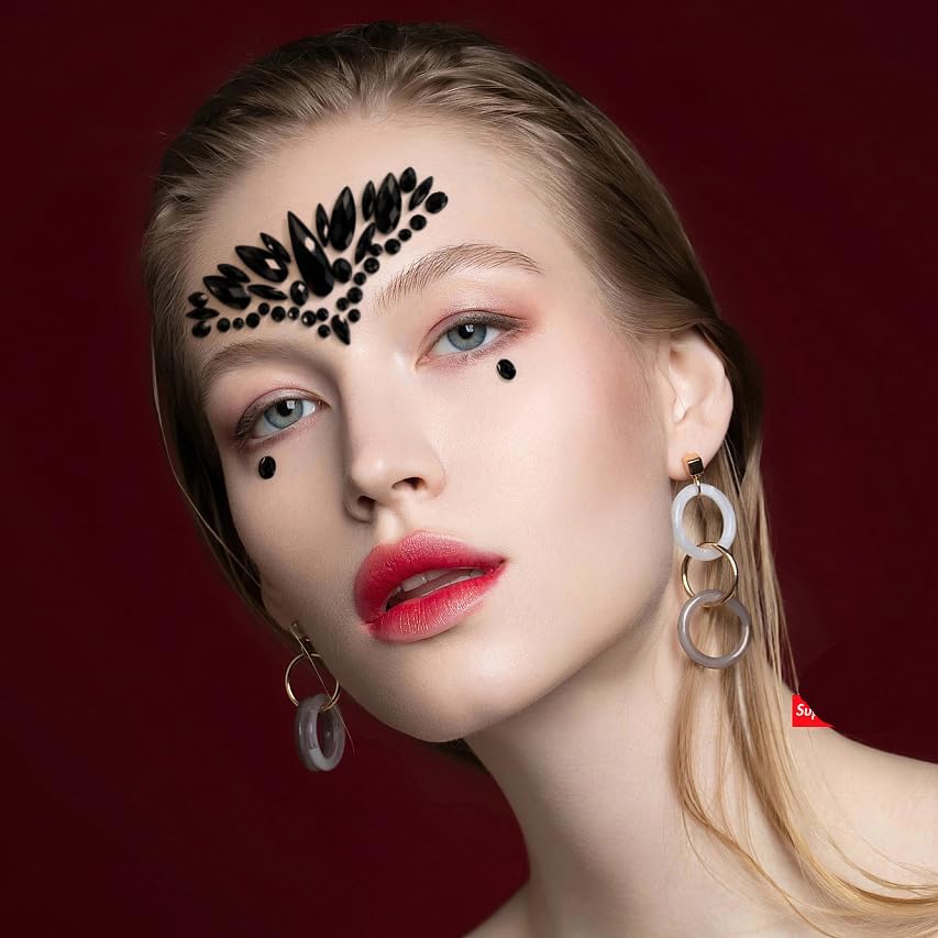 6 Sheets Self-Adhesive Black Rhinestone Face Gems - Large Size Face Jewels for Halloween, Costume Parties, Festivals & Makeup - Perfect for Face Decor, Body Art & Special Events