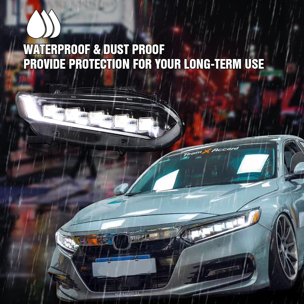 2018-2022 Honda Accord LED Headlights Assembly - 5 Lens Matrix Projector with Halo DRL & Sequential Turn Signals - Bugatti Style Replacement Headlamps (1 Pair) - Perfect for Night Driving & Car Customization