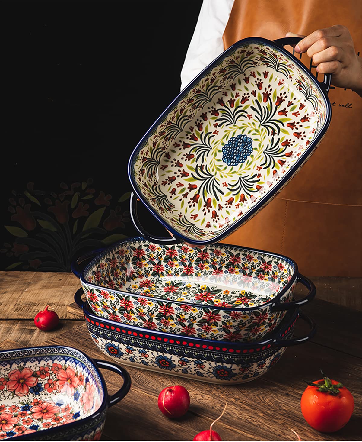 Vintage Style Ceramic Casserole Dish - 60oz Large Capacity Baking Pan for Lasagna, Casseroles & Oven Cooking - Heavy Duty Pottery Bakeware with Handles - Perfect for Family Dinners, Holiday Meals & Kitchen Baking