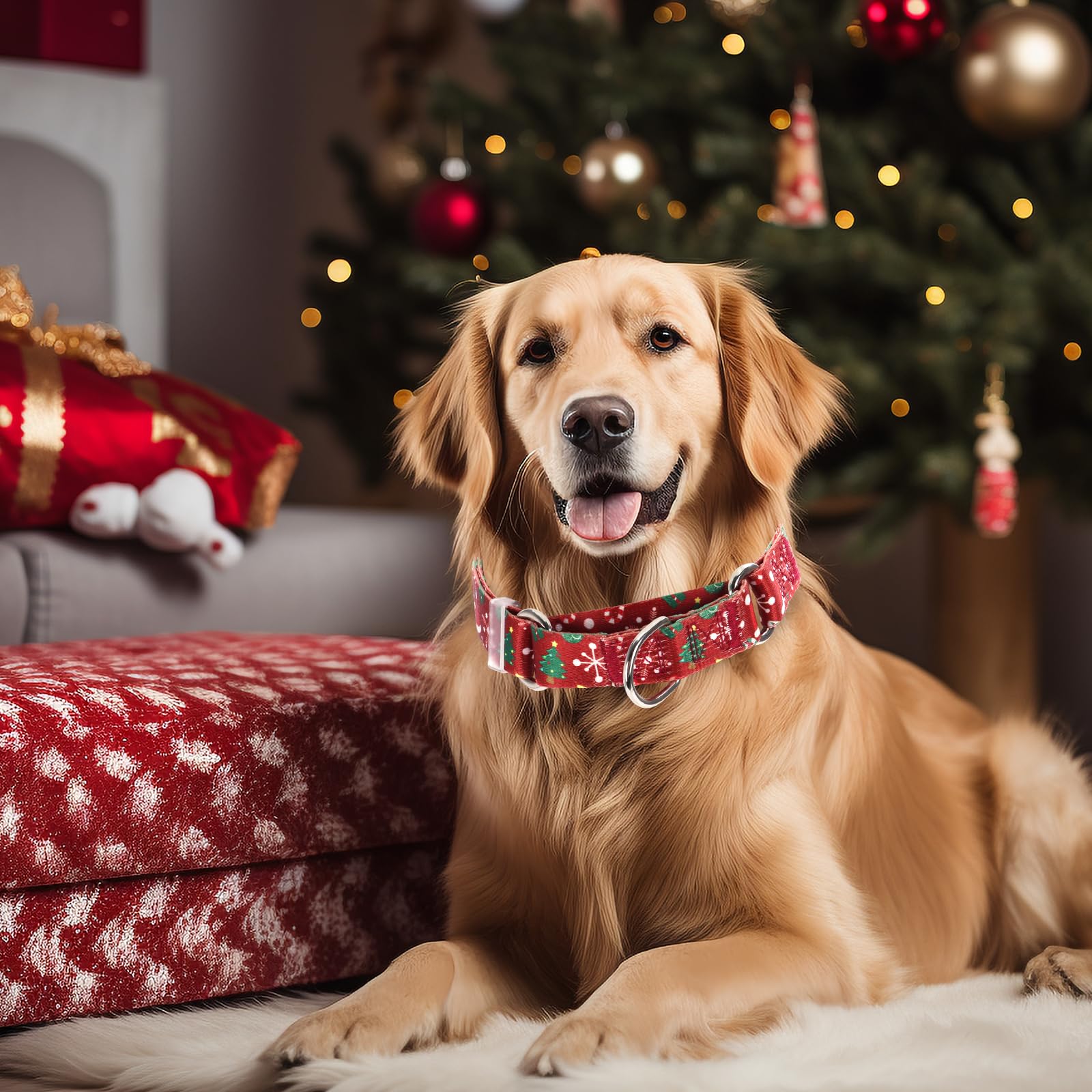 Christmas Dog Collar with Red Christmas Trees - Adjustable Nylon Martingale Collar for Small Medium Large Dogs | No-Slip Premium Pet Collar for Holiday Walks & Festive Outings