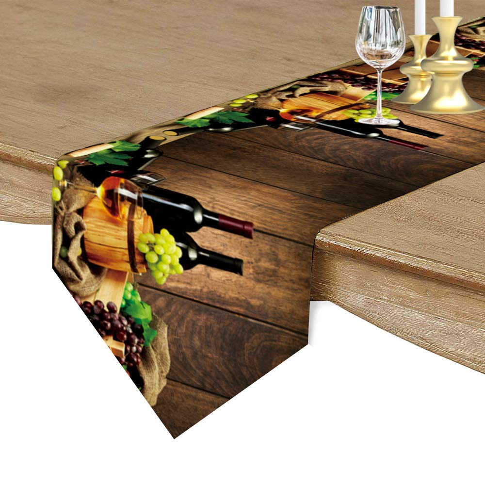 Rustic Wooden Grain Table Runner - Non-Slip Washable Kitchen & Dining Decor with Wine Grapes & Barrels Design (13x36in) | Perfect for Farmhouse Parties, Holiday Dinners & Coffee Table Styling