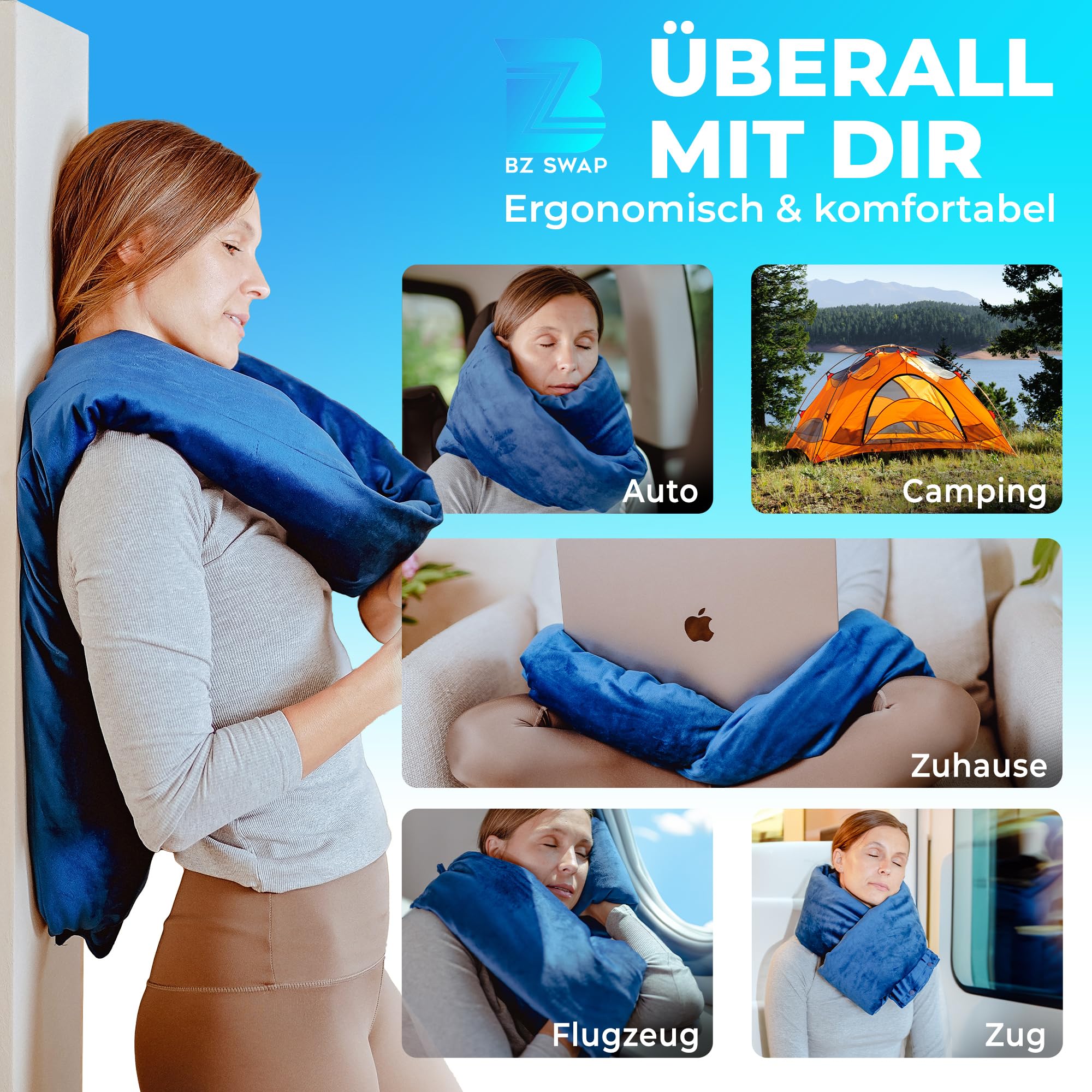 Premium Memory Foam Travel Neck Pillow - Ultra Soft & Lightweight Neck Support for Airplane, Car & Office - Ergonomic Design for Restful Sleep - Perfect for Long Flights, Road Trips & Work Breaks (Blue)